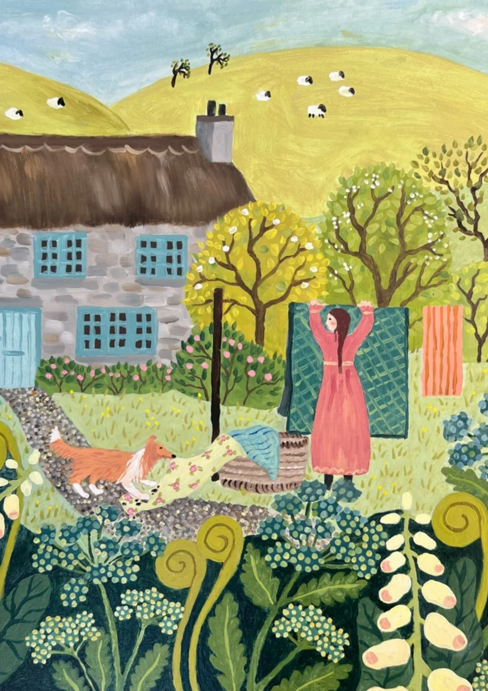 Folk-art illustration of a woman in a pink dress hanging laundry outside a stone cottage, while a collie dog runs away with a piece of clean washing.