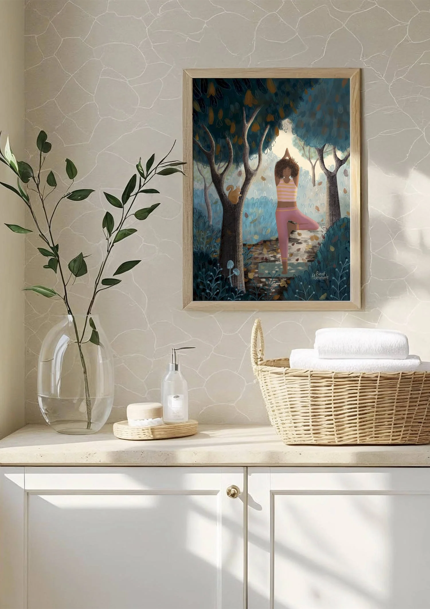 Mockup of a woman practicing tree pose yoga in autumn forest with falling golden leaves and squirrel, hand-illustrated nature aesthetic art print in warm earthy tones.