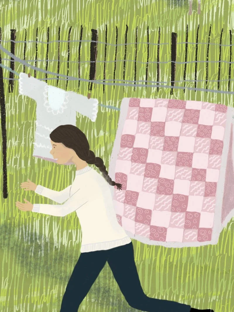 Detail of a spring art print featuring a woman who is protecting her daffodils from a cheeky sheep in front of a cottage in a rural setting.