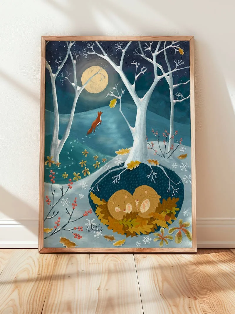 Winter Woodland Animals Art Print | Fox & Dormice Scene