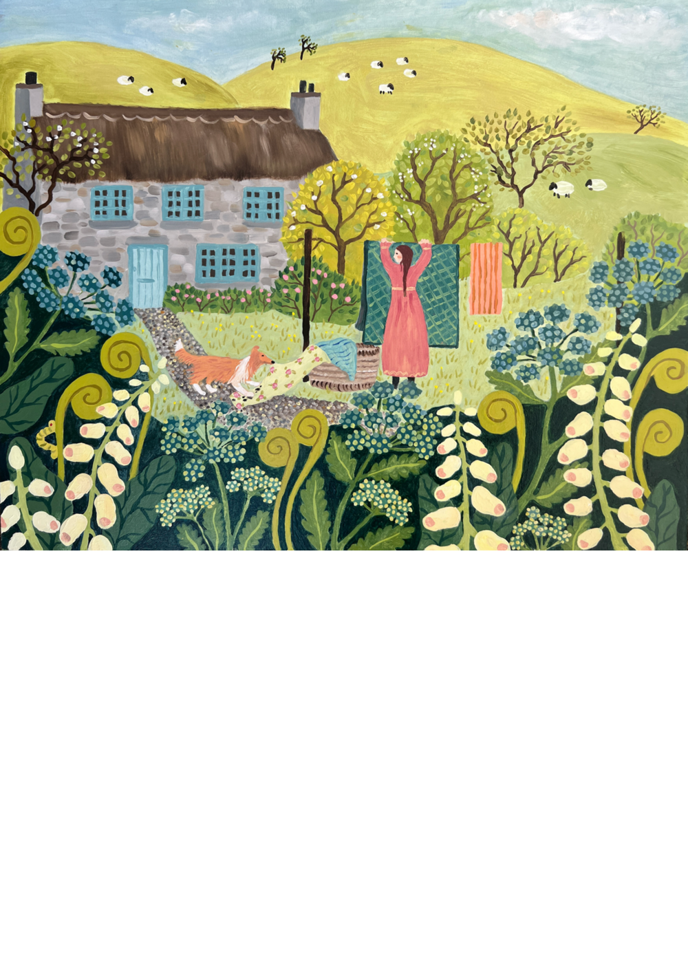 Folk-art illustration of a woman in a pink dress hanging laundry outside a stone cottage, while a collie dog runs away with a piece of clean washing.