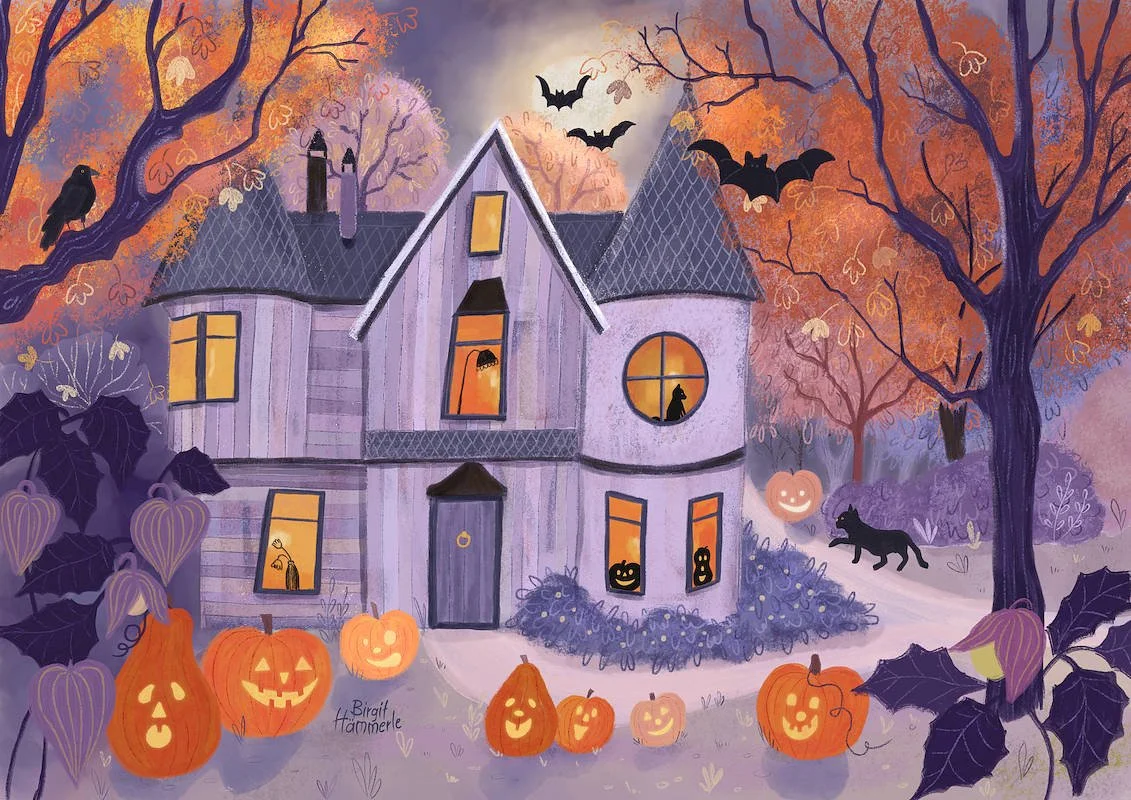 A spooky Halloween scene featuring a purple haunted house with lit windows, surrounded by jack-o'-lanterns, bats, black cats, and leafless trees with orange and purple foliage at dusk or night.