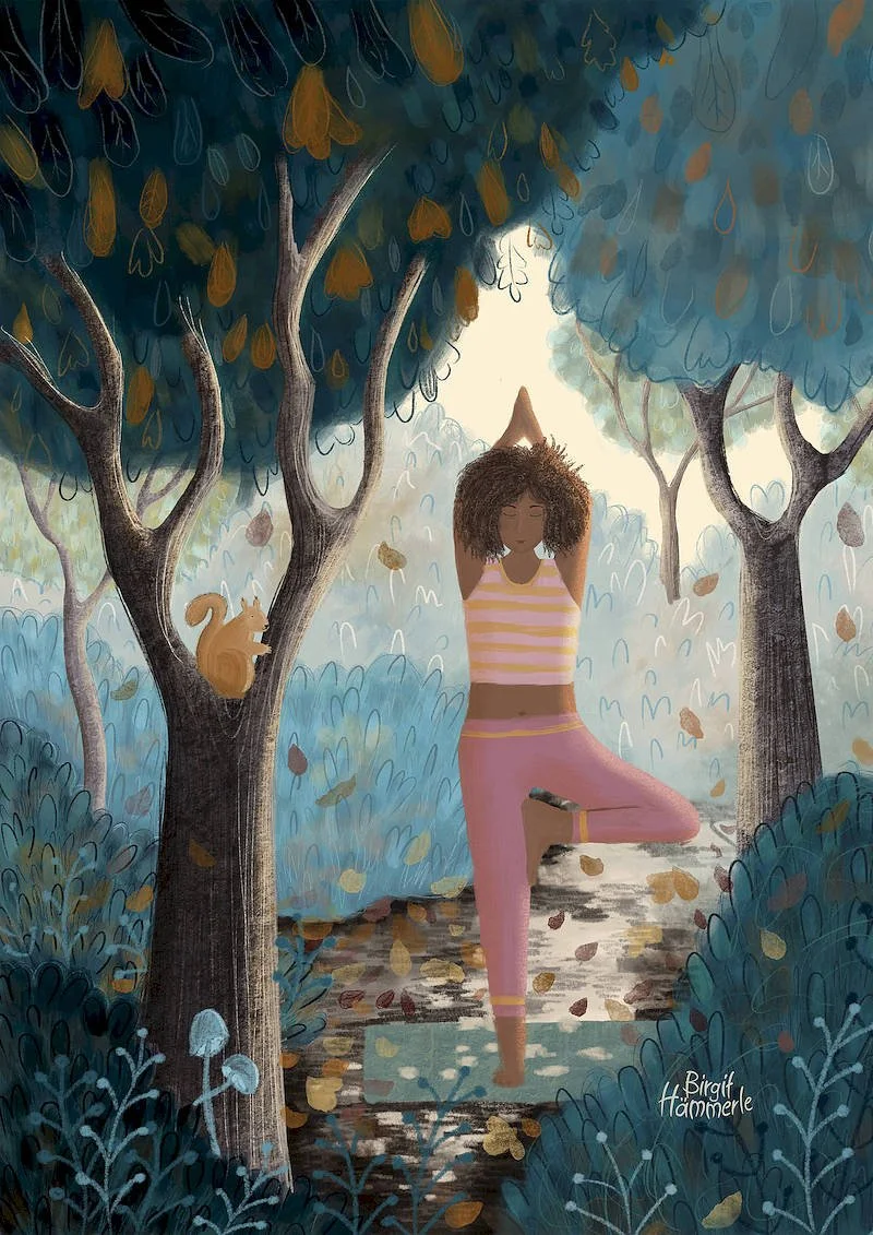 Woman practicing tree pose yoga in autumn forest with falling golden leaves and squirrel, hand-illustrated nature aesthetic art print in warm earthy tones.