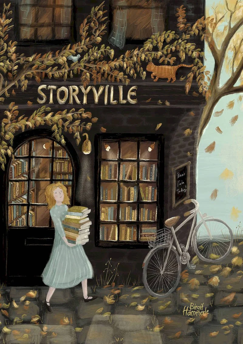 Woman carrying stack of books leaving cosy autumn bookshop with golden leaves, bicycle and warm glowing windows, hand-illustrated art print.
