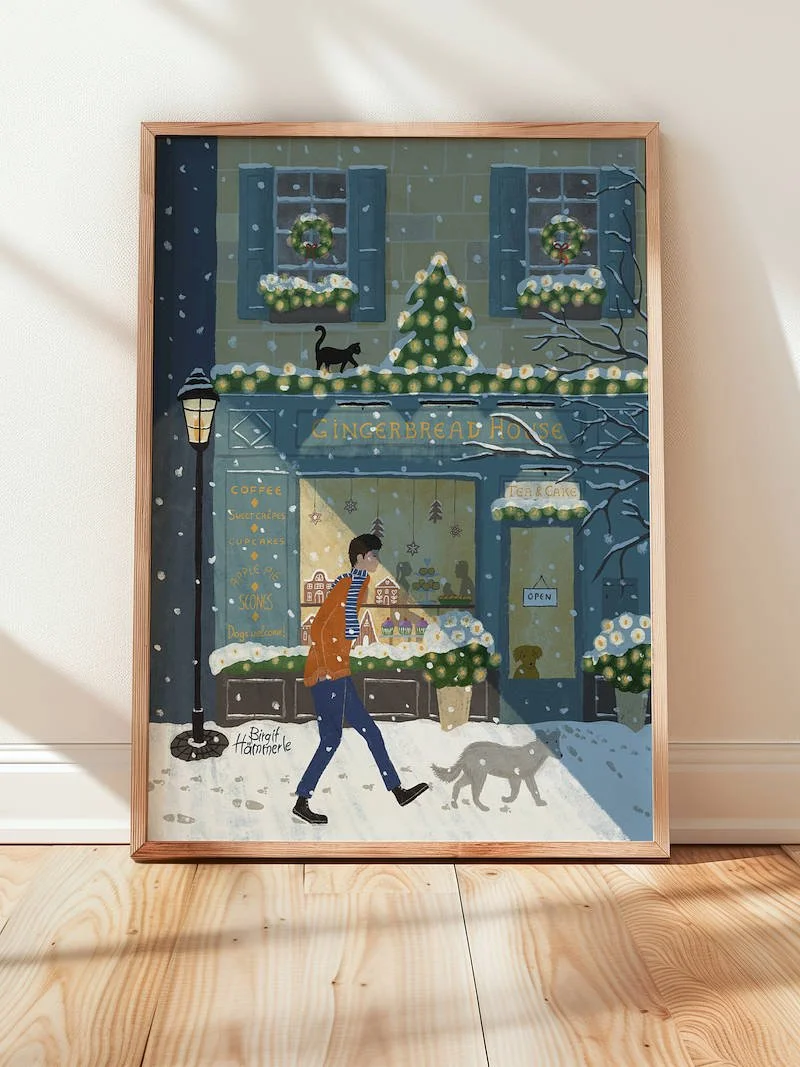 Christmas Bakery Art Print | Cosy Winter Village Scene