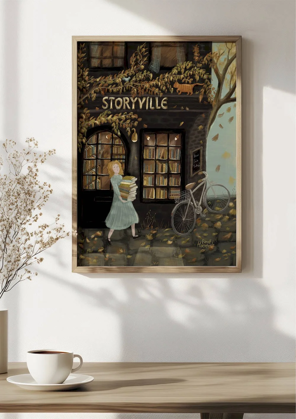 Mockup of woman carrying stack of books leaving cosy autumn bookshop with golden leaves, bicycle and warm glowing windows, hand-illustrated art print.
