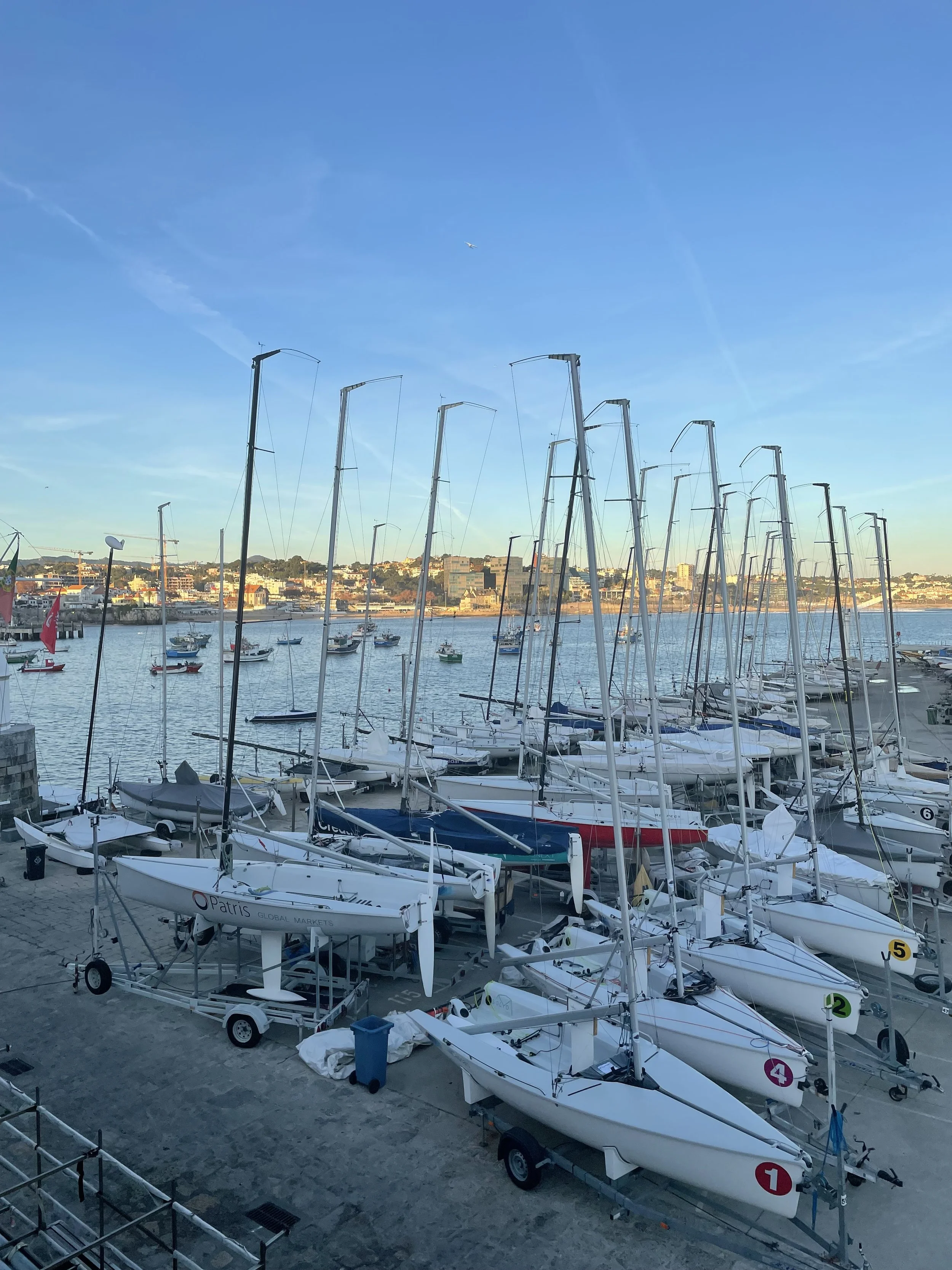 Lisboa y sus veleros estacionados en un muelle con mástiles altos y un cielo despejado. Al fondo, se ve un cuerpo de agua con más barcos en el horizonte. La escena tiene una atmósfera tranquila al atardecer.