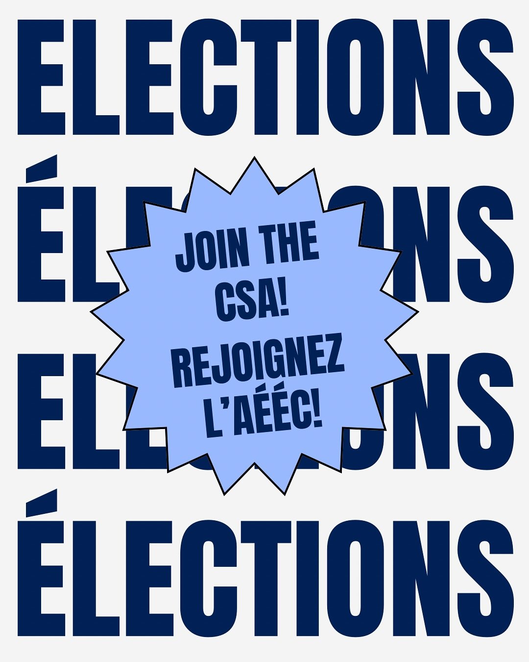 HEY COMMS STUDENTS! Are you interested in joining the CSA executive team? 💙

Run for one of our open positions in elections! 

Nomination forms are available now - completed forms must be submitted to elections@aeec-csa.ca by Saturday, February 22nd