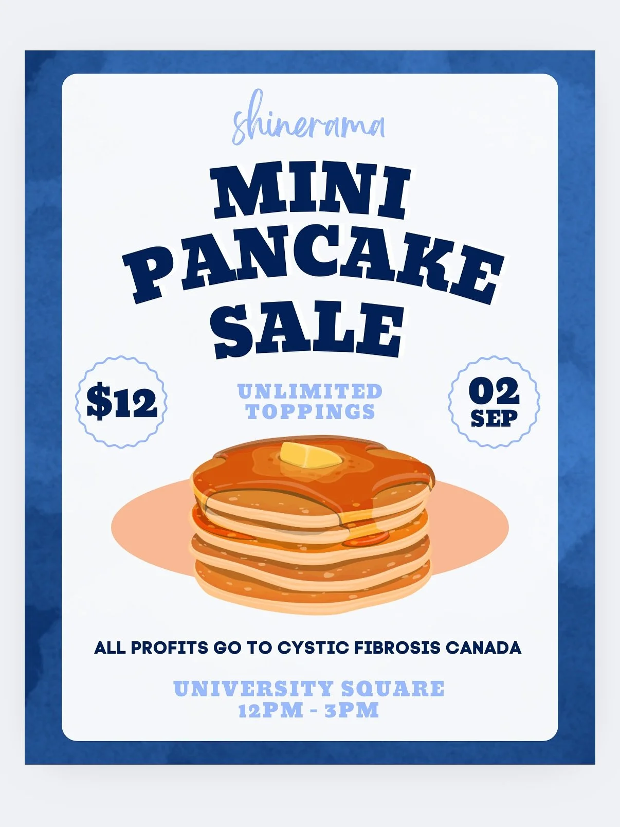 🥞✨ Shinerama is back! ✨🥞

Join us tomorrow at 12 PM in University Square for a yummy mini pancake sale 🥞💛
All proceeds go to support Cystic Fibrosis Canada 💙

Come hungry &amp; bring your friends! 🌟

***

🥞✨ Shinerama est de retour! ✨🥞

Rejoi