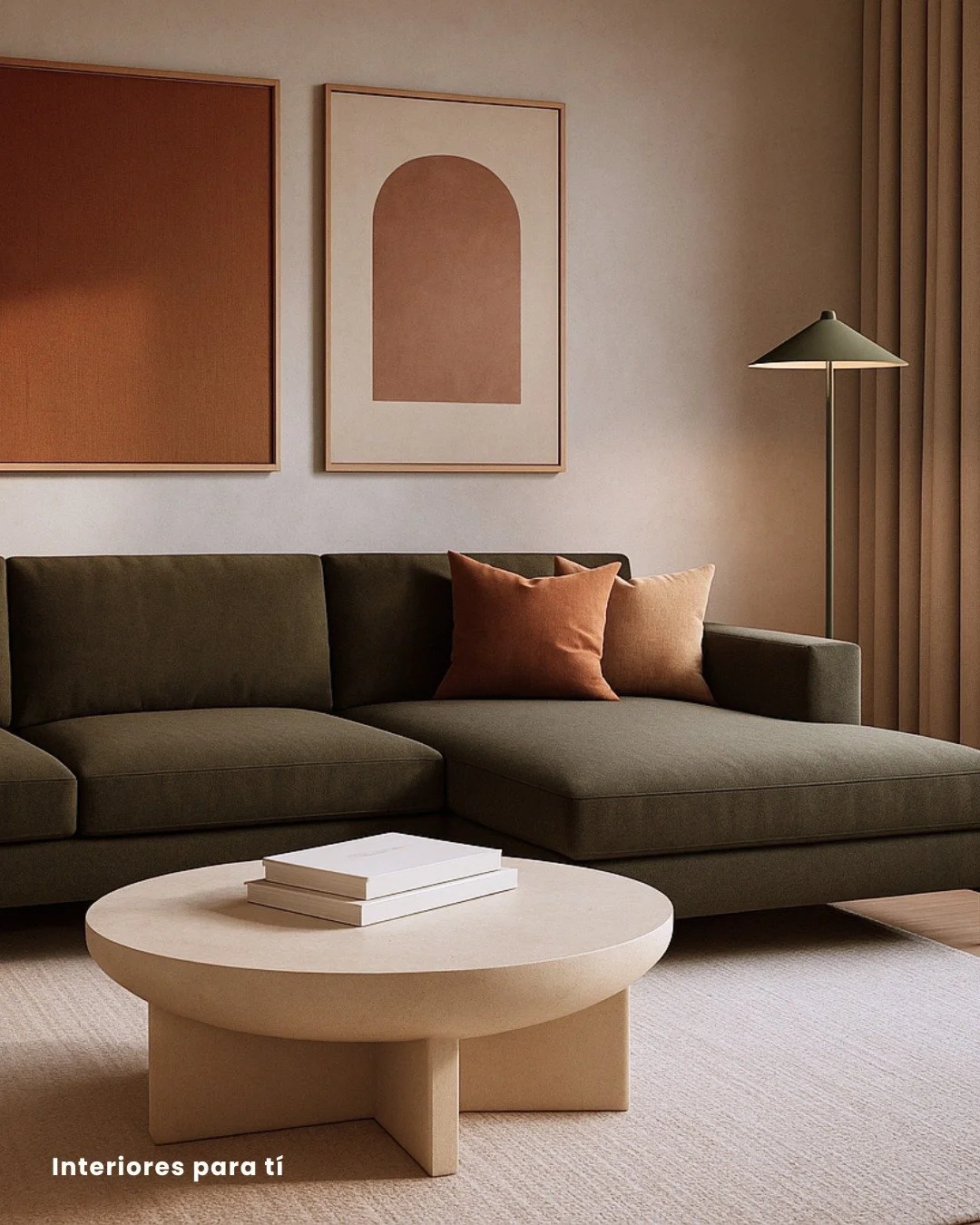 Propuesta de un sal&oacute;n para unos clientes: sencillo, elegante y pensado para disfrutarlo de verla.

La idea aqu&iacute; es crear un rinc&oacute;n acogedor pero con car&aacute;cter. Por eso el sof&aacute; en verde oliva,(a ellos ese color les en