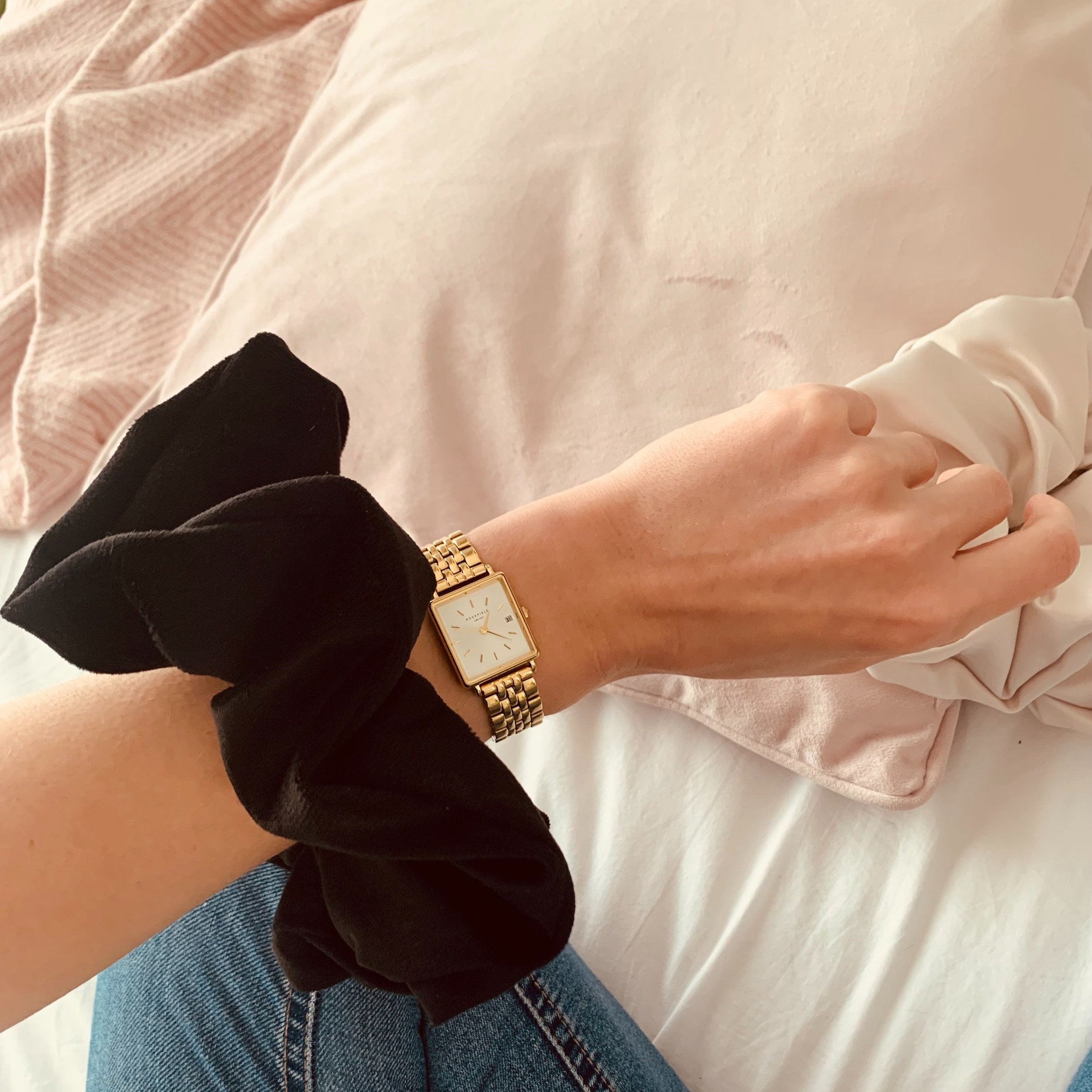 Large Velvet Scrunchie on womans wrist