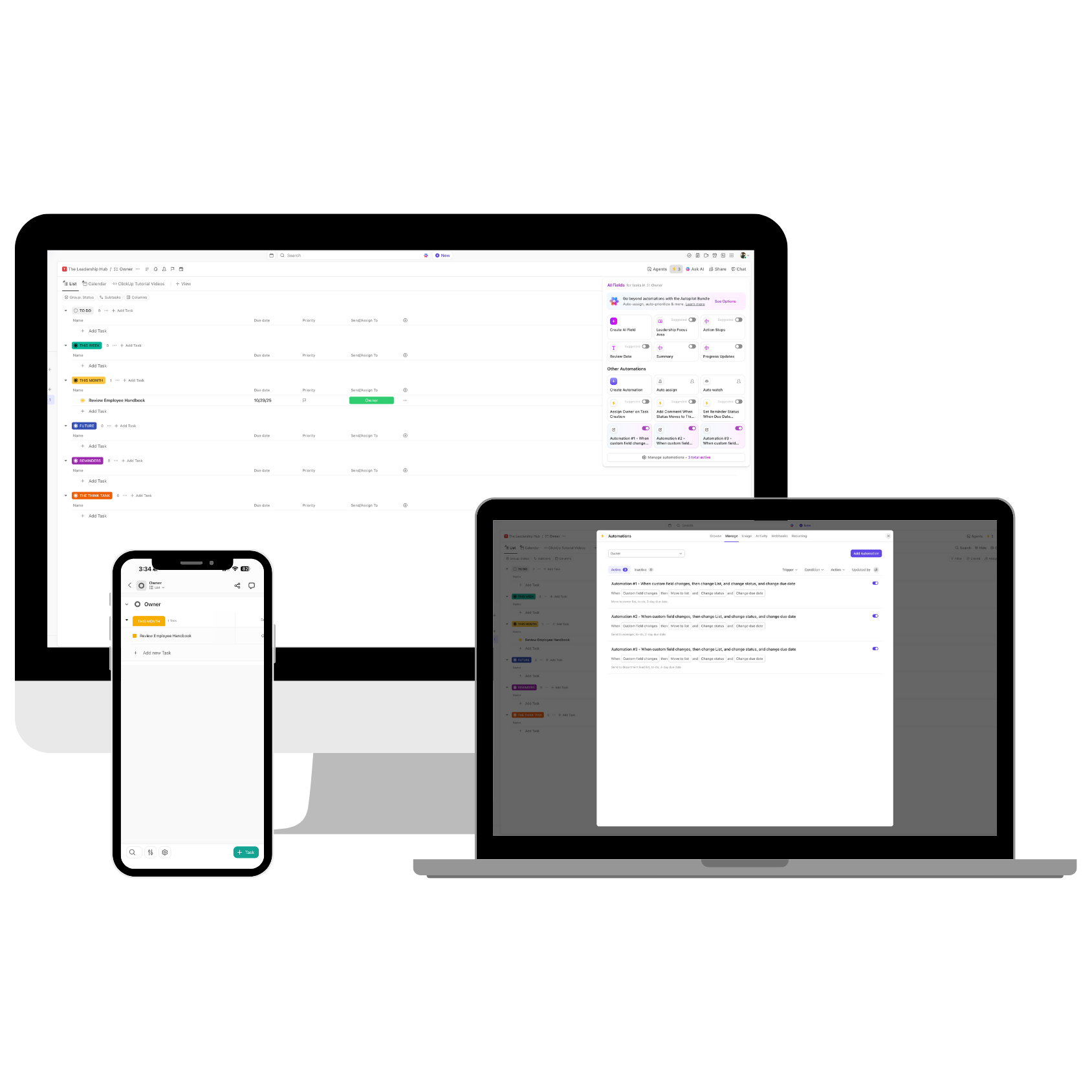 Laptop, desktop, and phone screens showing a custom ClickUp and Monday.com system buildout created by Click Command Co. for small business owners in wellness, hospitality, and real estate