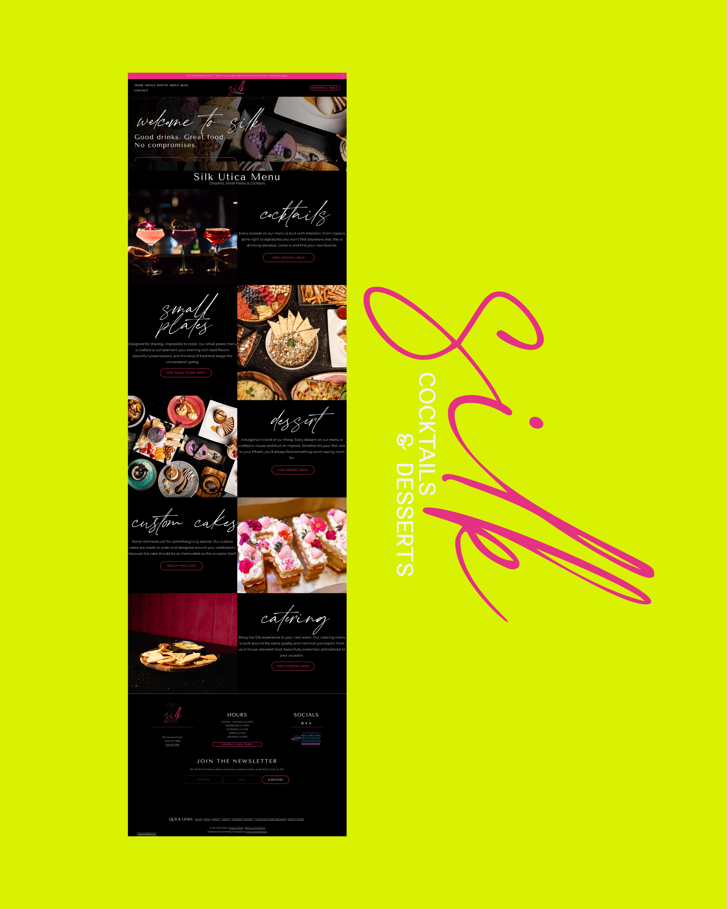Silk Utica cocktail bar website homepage designed by Click Command Co.