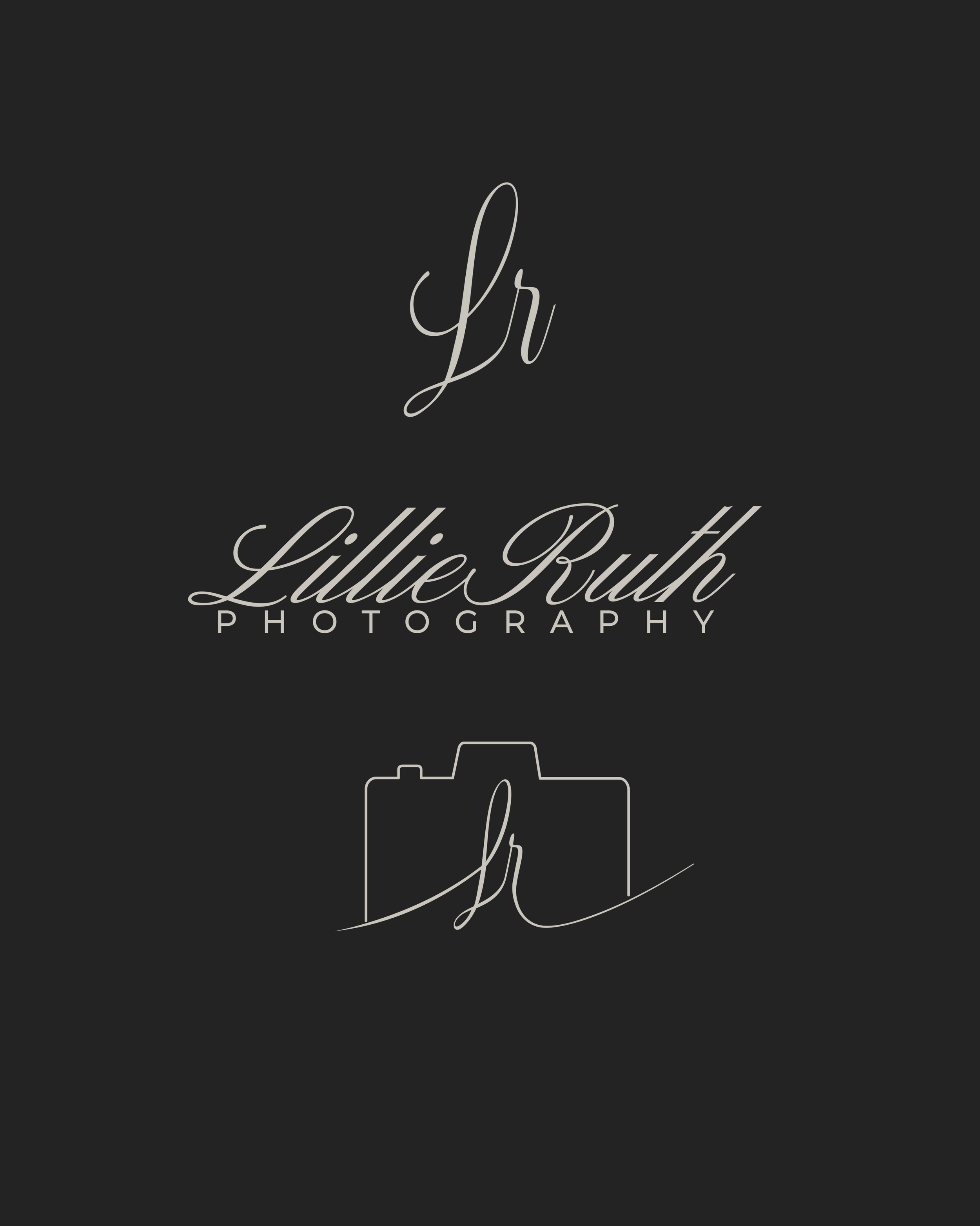 Lillie Ruth Photography logo suite: LR monogram, script wordmark, and camera line-art mark
