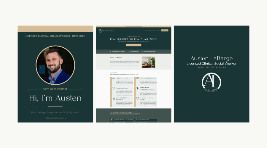 Austen LaBarge, LCSW social media template, website services page, and 30-day content calendar designed by Click Command Co.