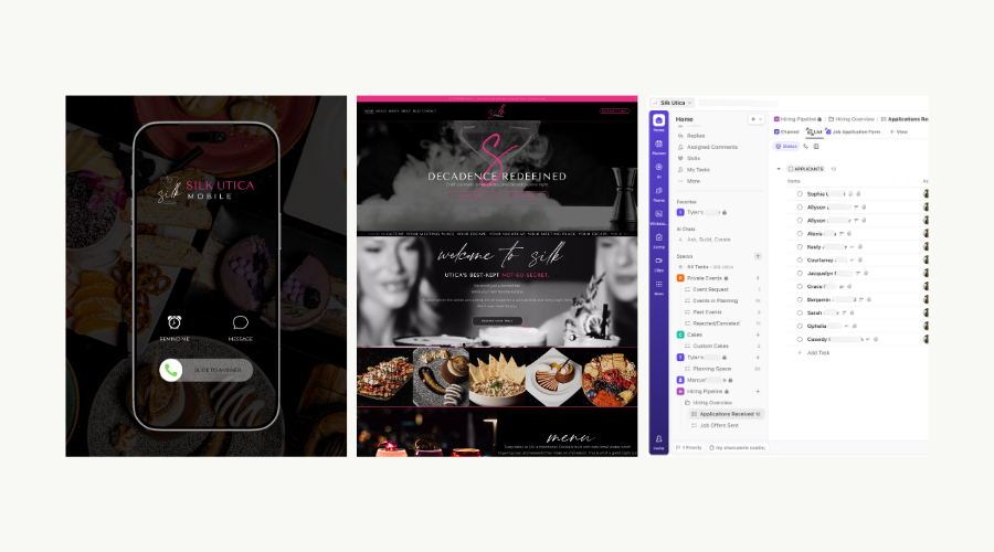 Silk Utica social media post, website homepage, and ClickUp system built by Click Command Co.