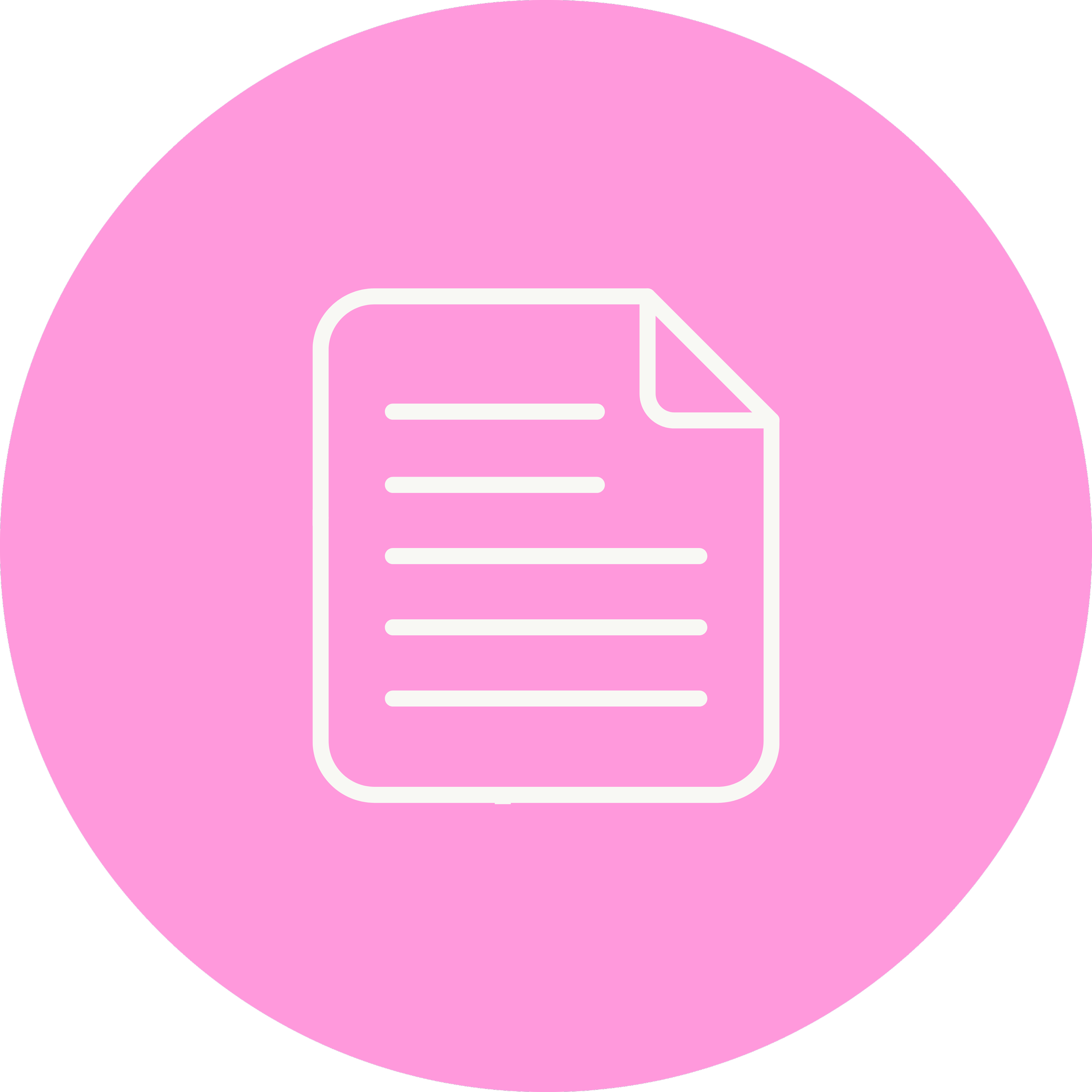 Icon of a document with lines of text on a pink circular background.