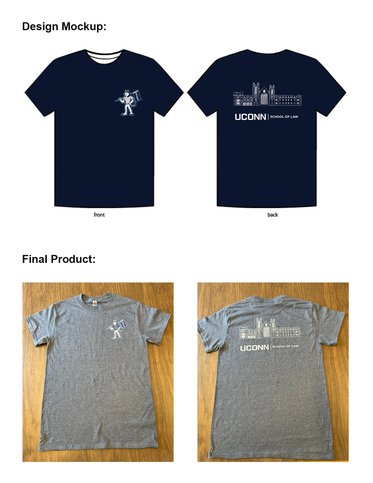 UConn School of Law T-shirt, feature Jonathan the Husky and the Thomas J. Meskill library