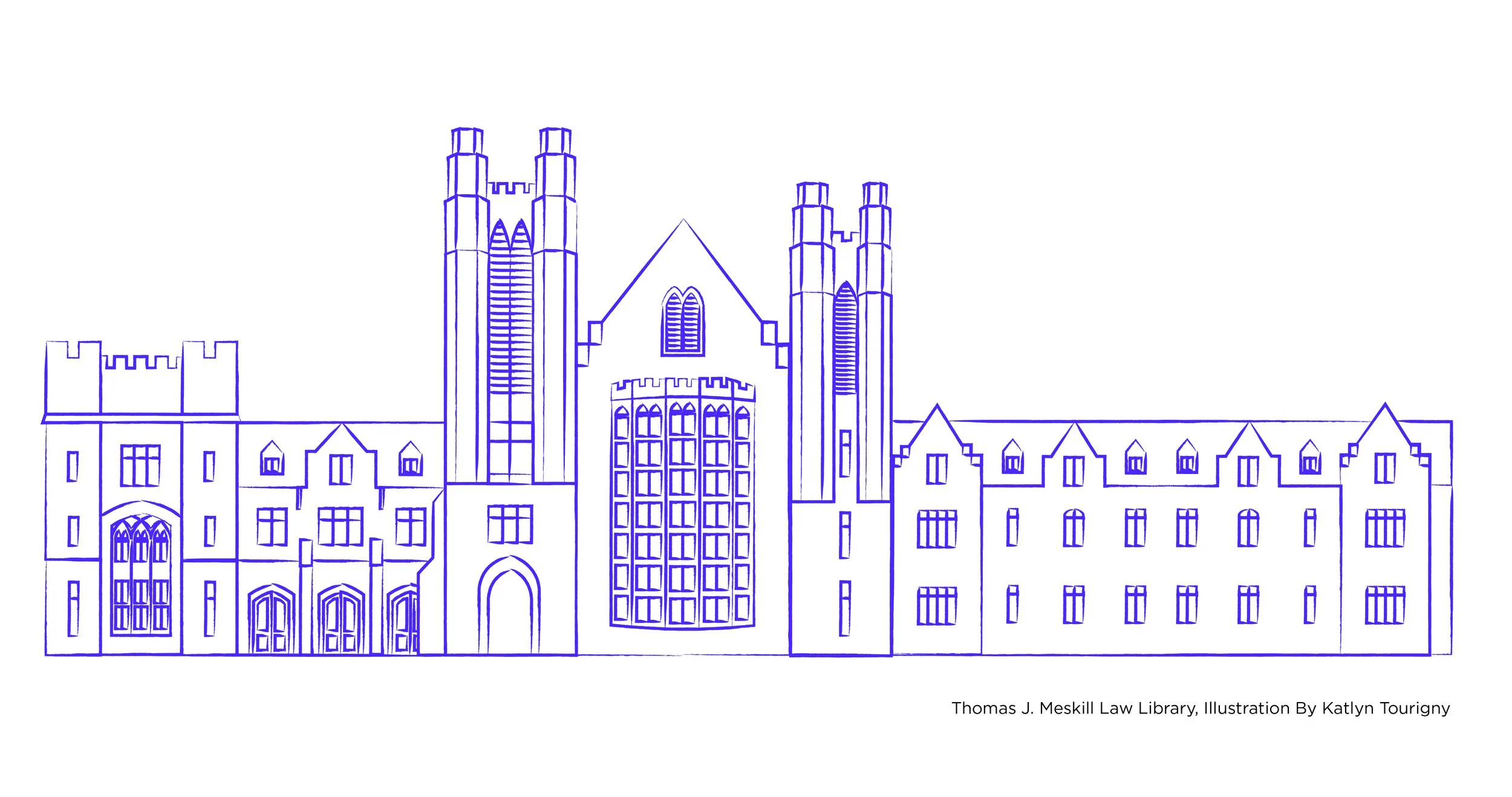 Illustration of the Thomas J. Meskill library. This illustration was used on t-shirts, letterheads, and the Summer edition of the UConn School of Law newsletter. Created using Adobe Illustrator. Spring 2026