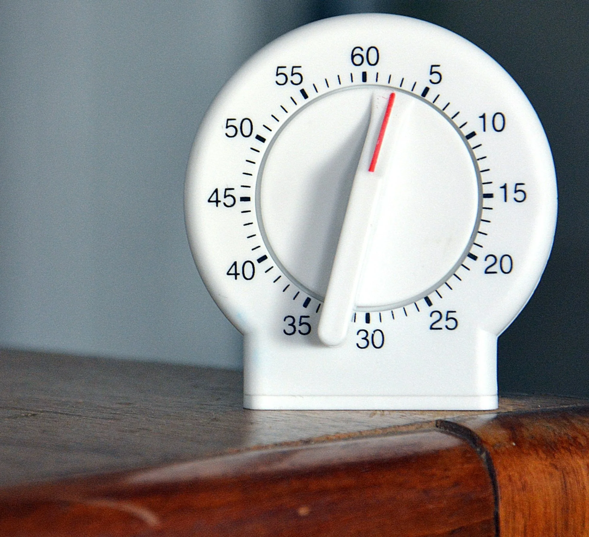 A white kitchen timer symbolising the idea of breaking cleaning tasks into manageable chunks.