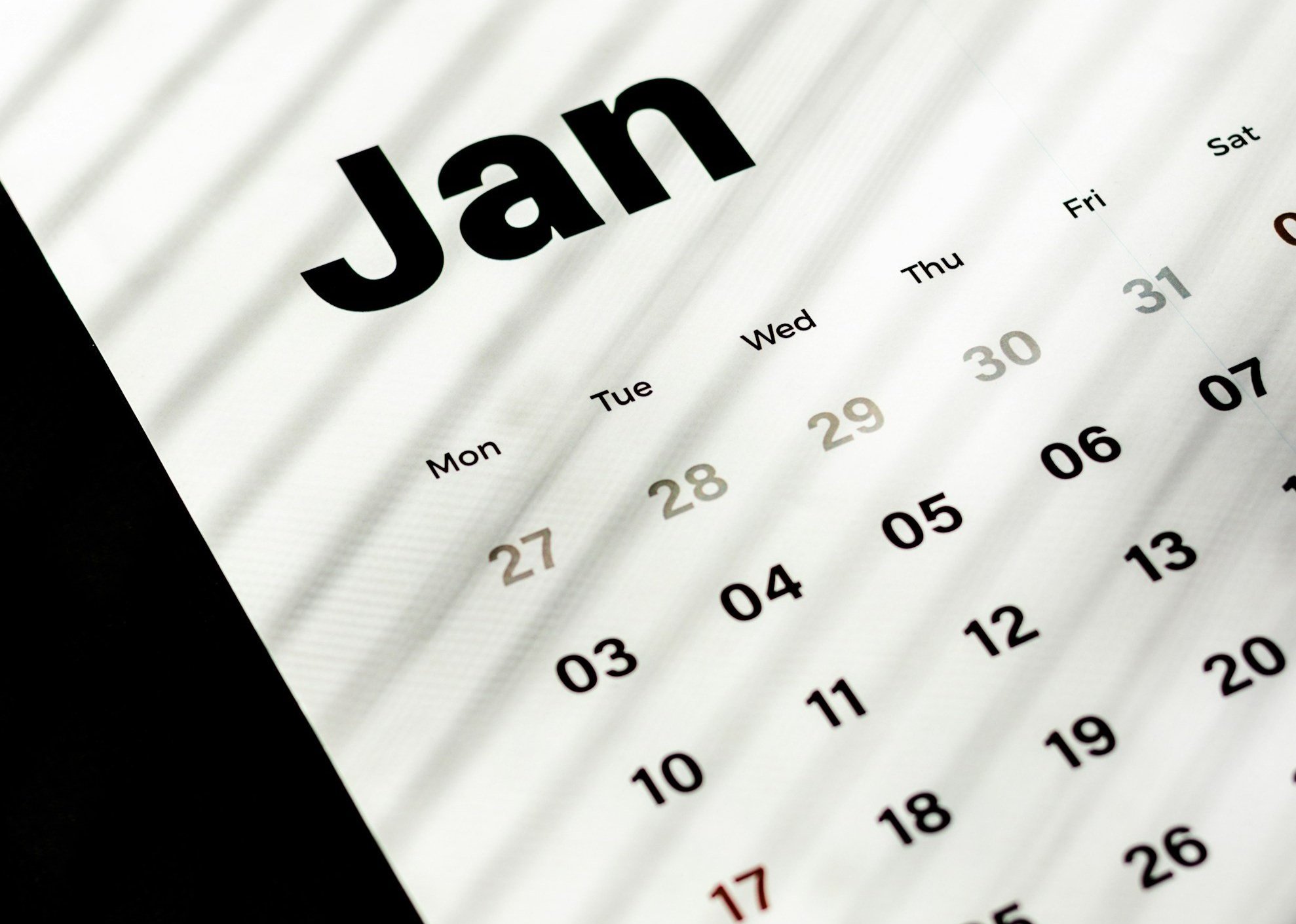 A January calendar page, encouraging the idea of scheduling cleaning tasks throughout the week.