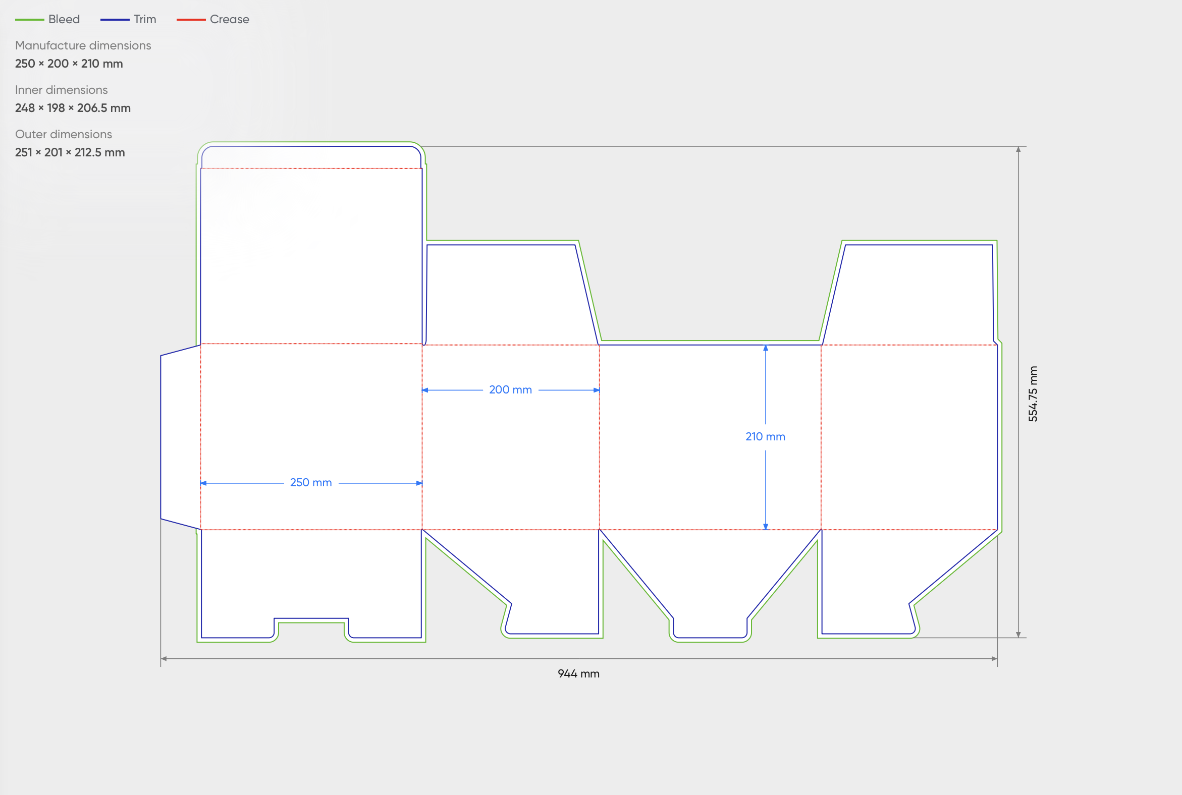 Technical diagram of a rectangular box with measurements in millimeters, showing edges labeled bleed in green, trim in blue, and crease in red.
