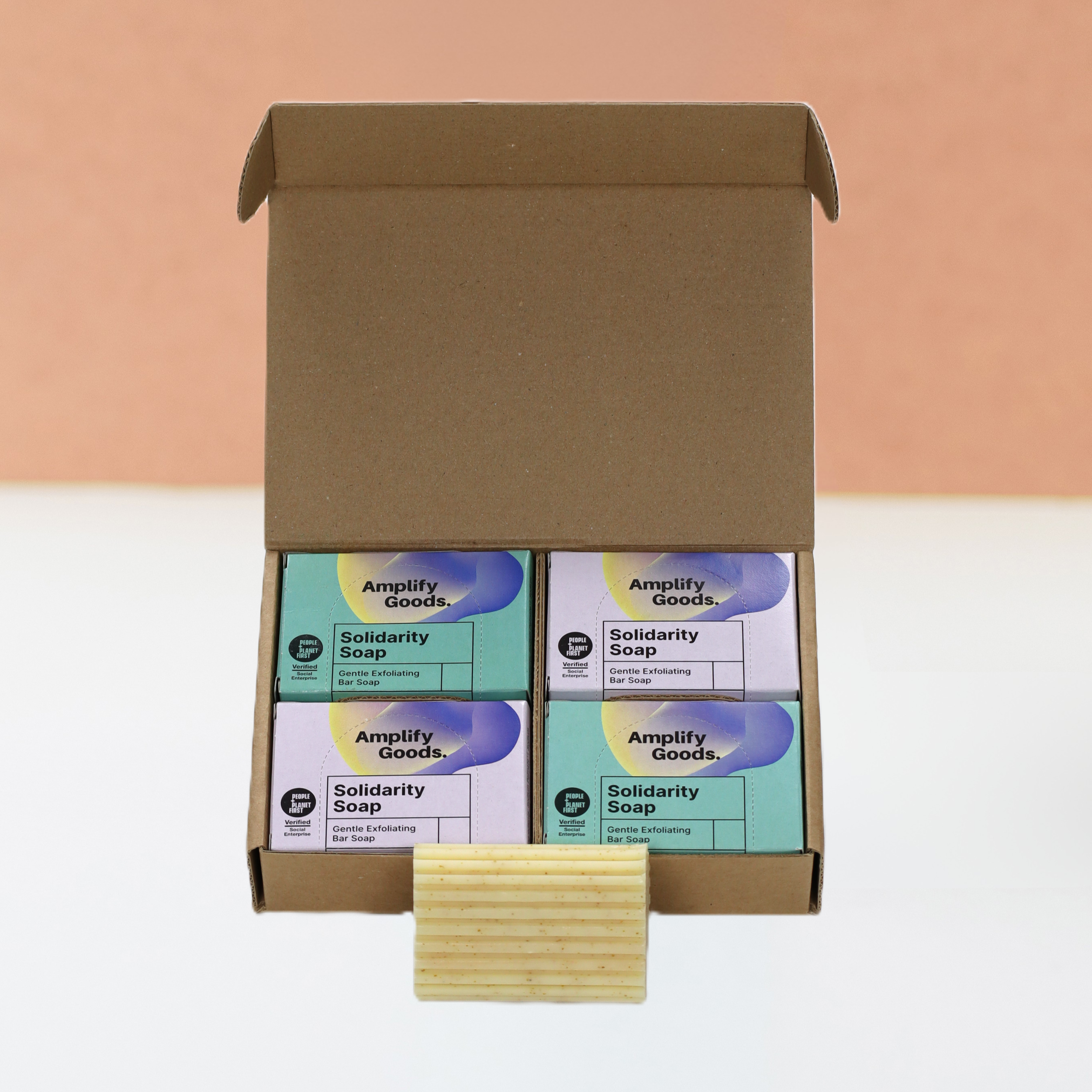 Open cardboard box containing four bars of Solidarity Soap with a beige soap bar in front.