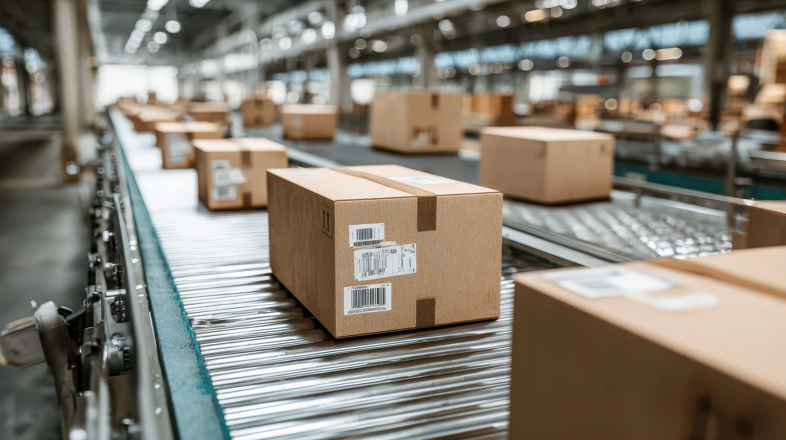 Cardboard boxes on a conveyor belt in a warehouse or distribution center.