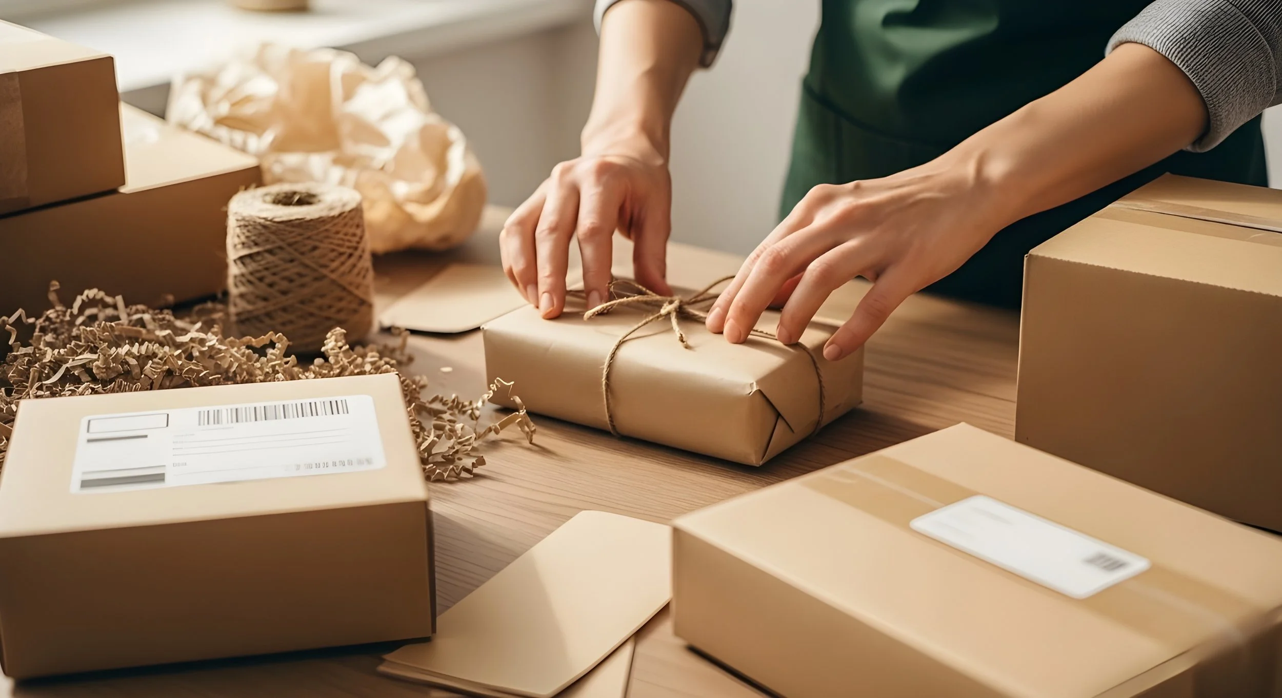 Person wrapping a gift with brown paper and twine in a workspace surrounded by boxes, packing labels, and packaging materials.