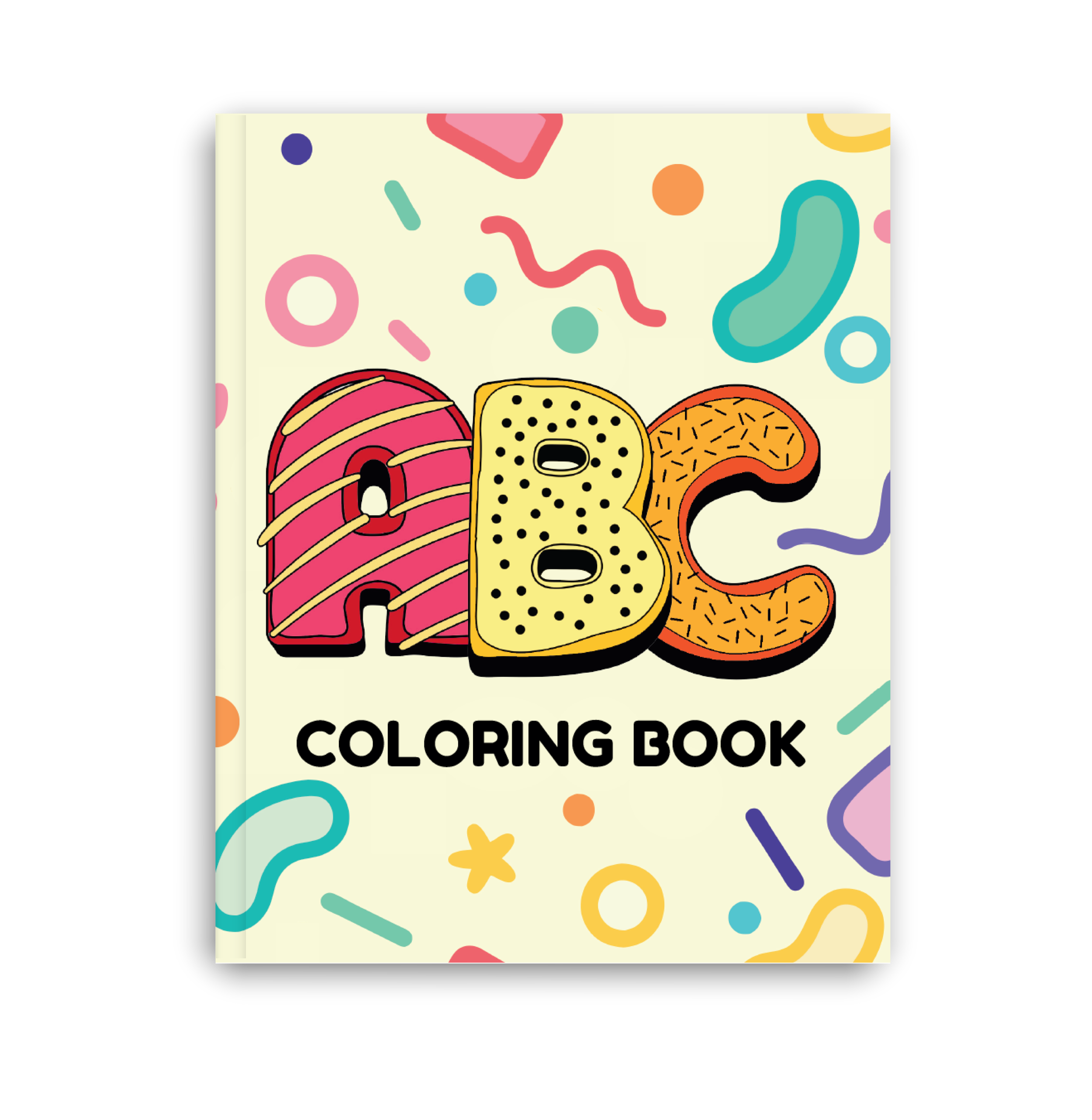 ABC coloring book cover with colorful abstract shapes and patterns.