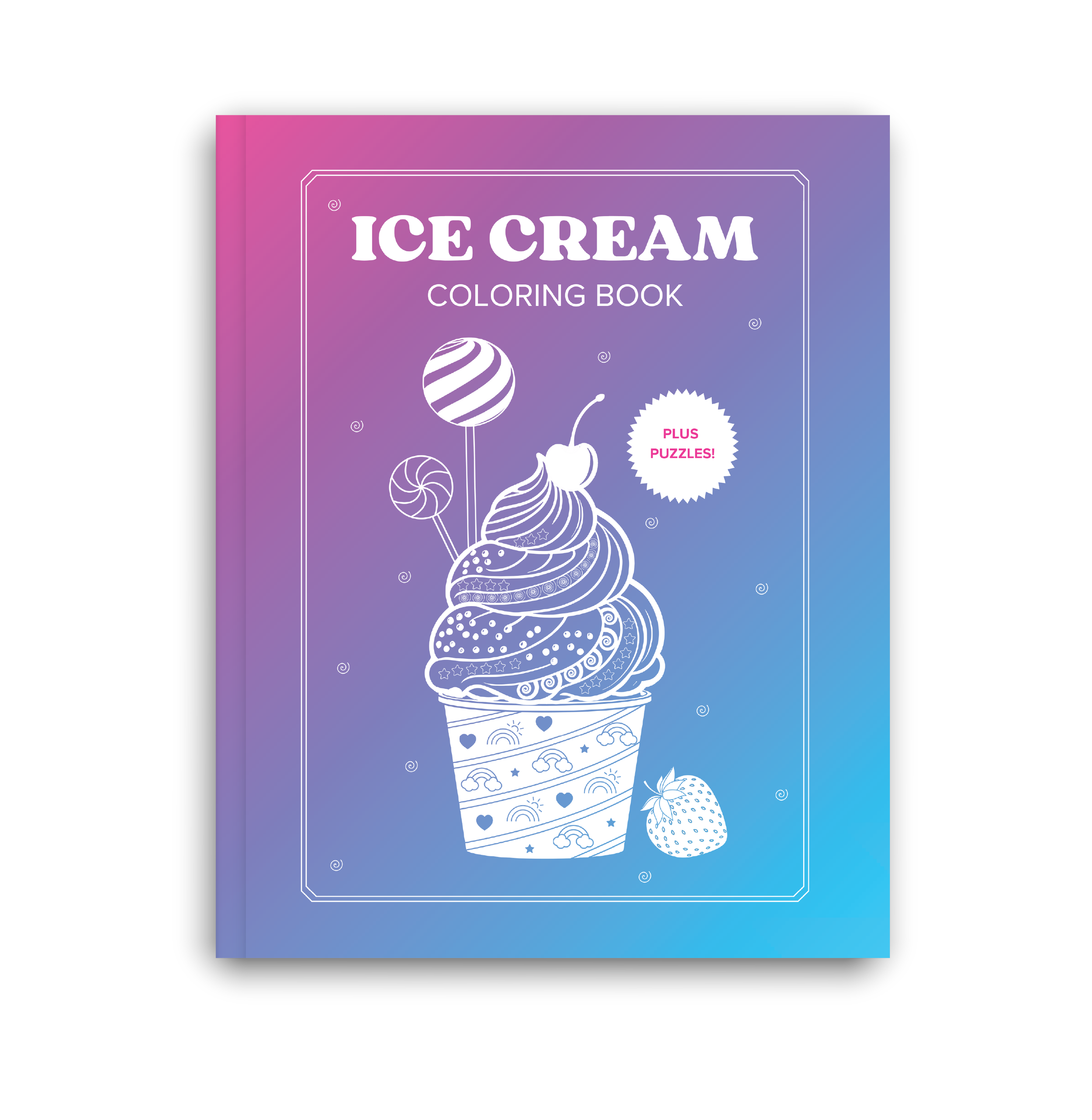 Cover of an ice cream coloring book with a purple to blue gradient background. Features a line drawing of a decorative ice cream cone with swirls and patterns, lollipops, a cherry, and the text "Plus Puzzles!"