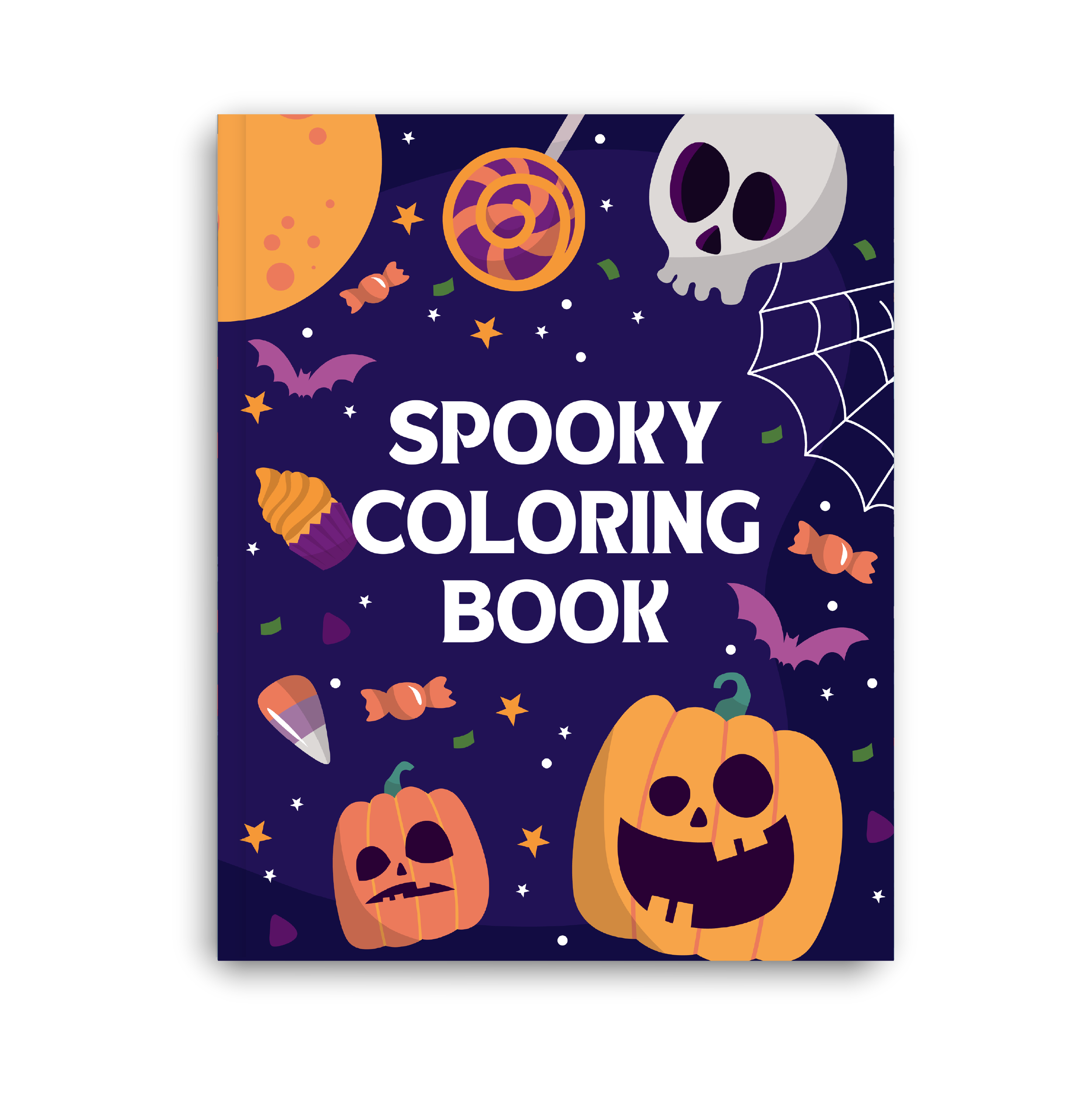 Cover of a spooky Halloween-themed coloring book featuring pumpkins, a skull, spider web, lollipops, and bats on a dark background.