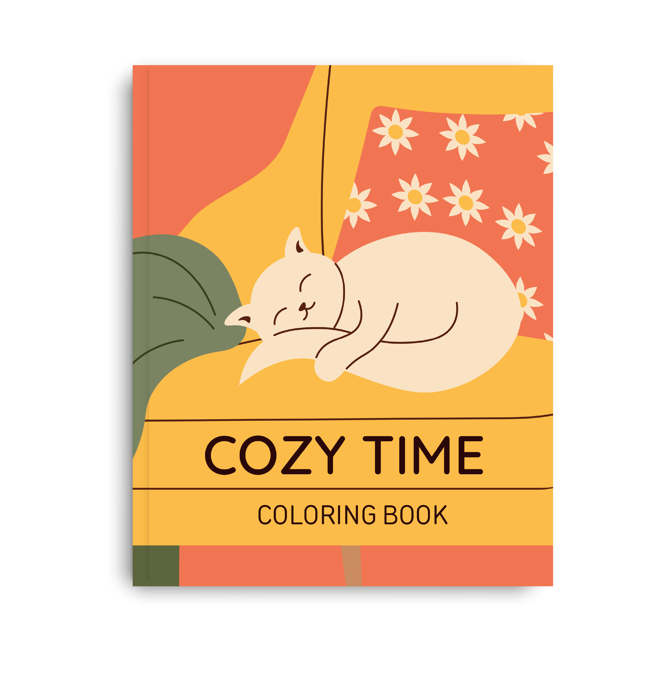 Cover of a coloring book titled "Cozy Time" featuring an illustration of a sleeping cat on a colorful pillow with floral patterns.