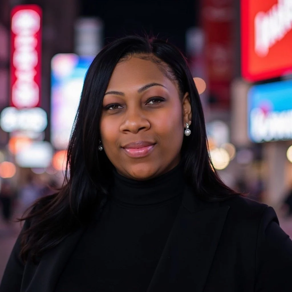 A woman with black hair and earrings smiling in a nighttime cityscape with bright, colorful lights.