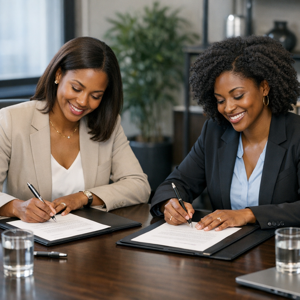 Two women in business attire sitting at a table, signing documents and smiling.