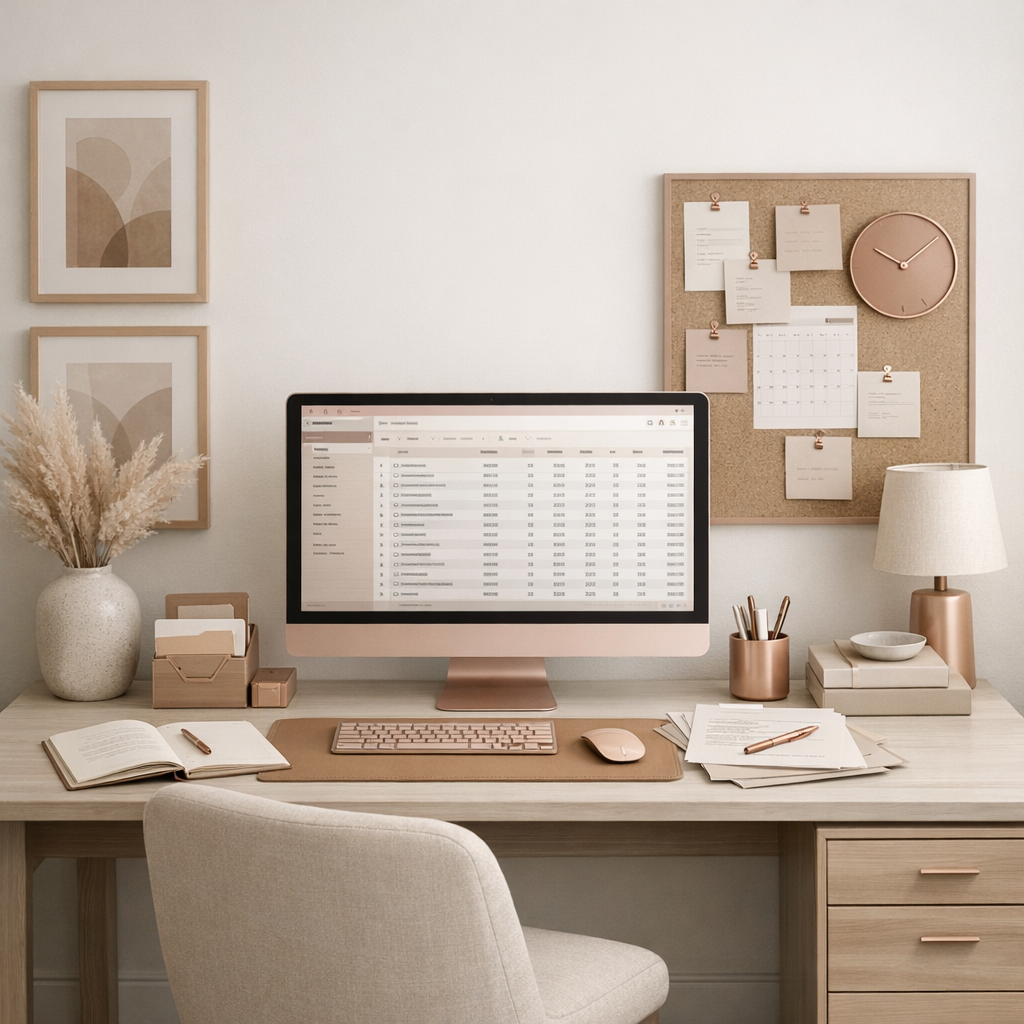 A home office setup featuring a light wood desk with a computer monitor displaying a spreadsheet, a beige ergonomic chair, a desk lamp, a stack of papers, a pen, and various decorative items including a vase with dried flowers, framed abstract art on the wall, and a corkboard with pinned notes and a clock.