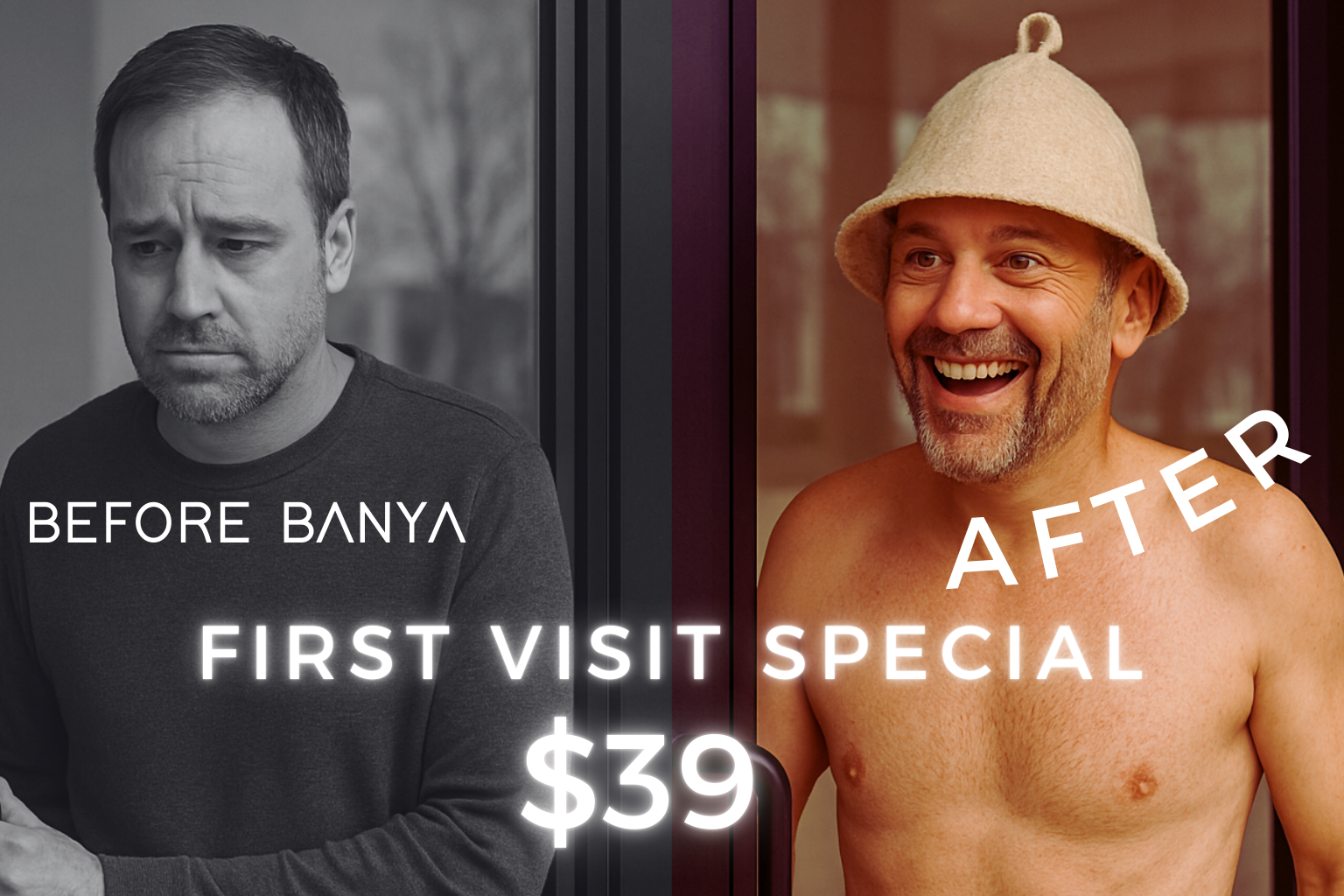 A split-screen image showing a man looking sad on the left and a man smiling on the right, with overlays promoting a spa treatment special.