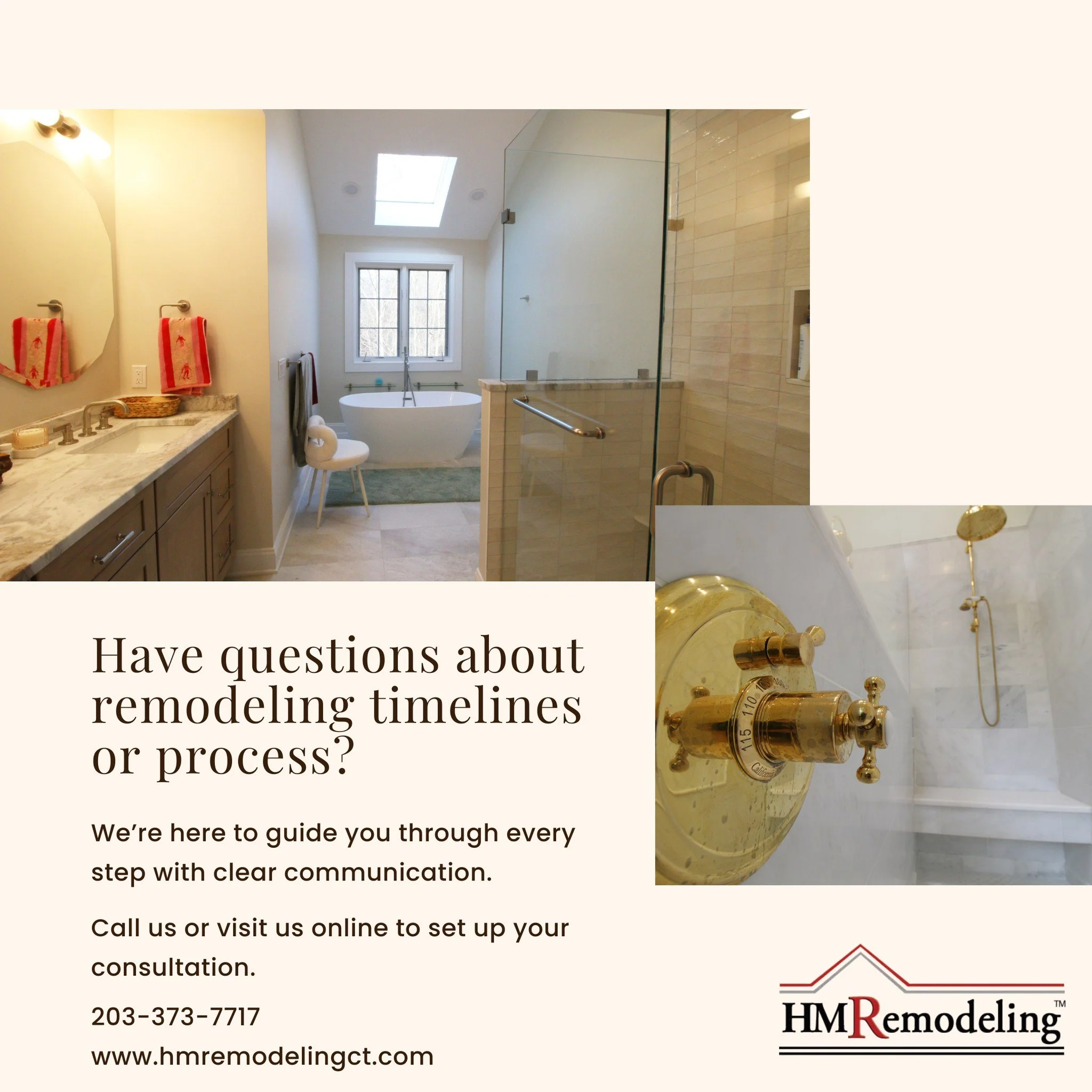 Wondering how long your remodel should take? Or about what the process is like for a remodel? Give us a call today to learn more and set up your consultation.

 #bathroomremodeling #kitchenremodeling #hmremodelingct #RemodelingExperts