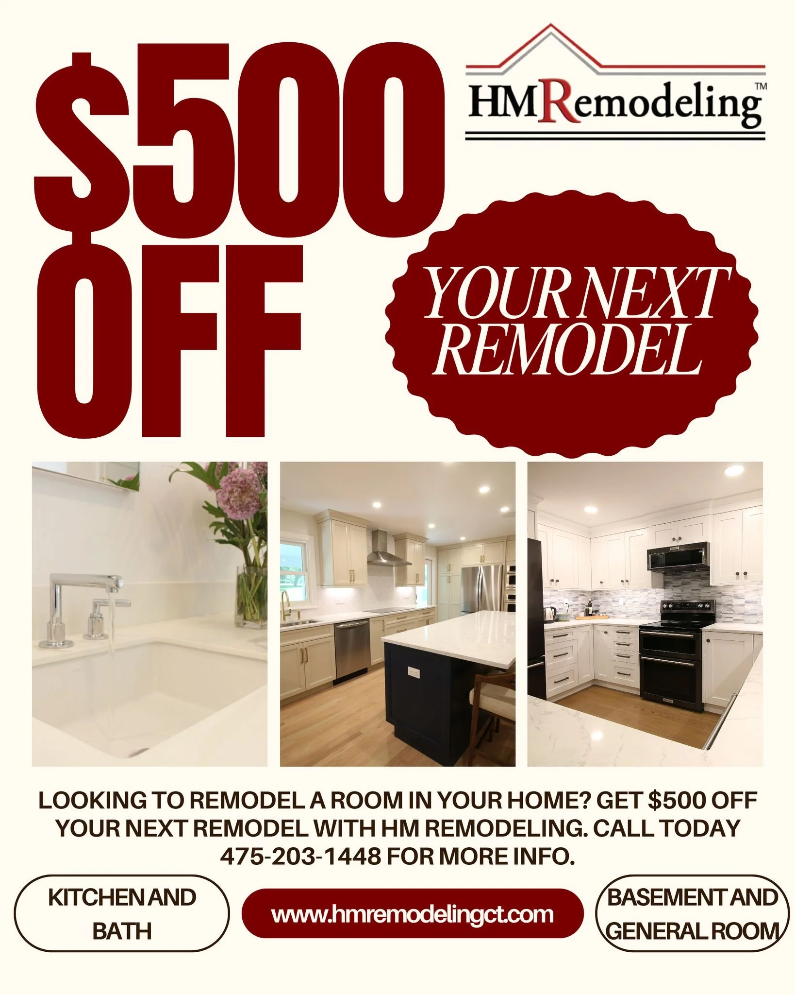 Don't wait! This sale would be here forever! $500 off your next remodel. Call today for more information!

 #hmremodelingct #RemodelingExperts #kitchenremodeling #bathroomremodeling