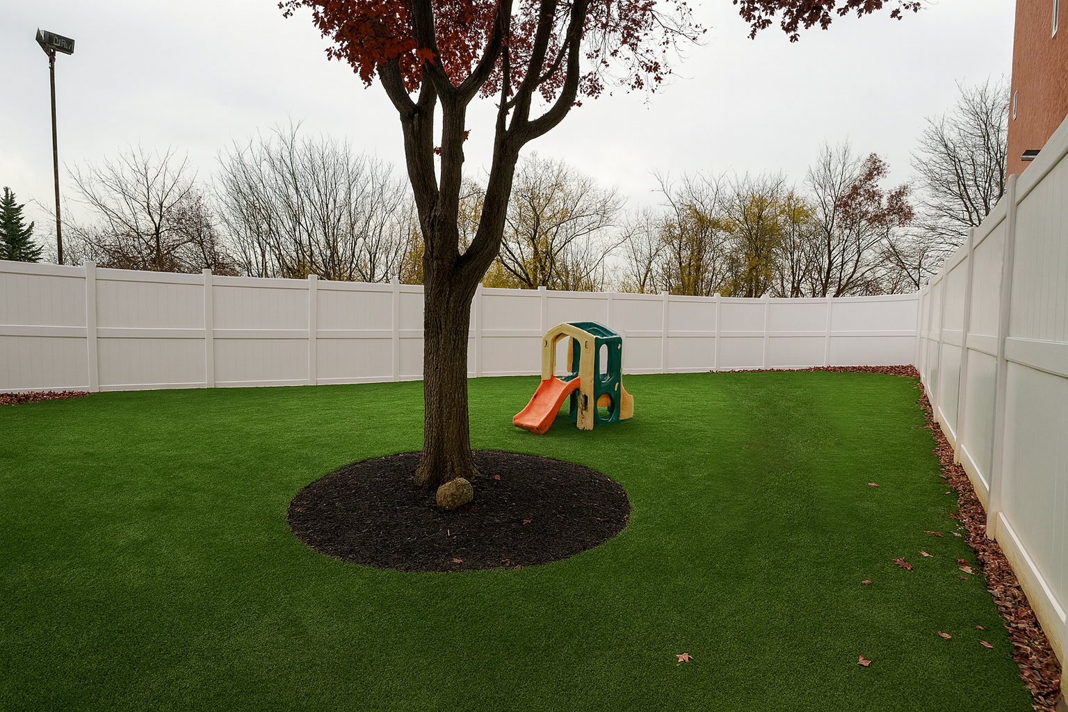 A backyard with green grass, a large tree with reddish leaves, a white privacy fence, and a small plastic slide in yellow, green, and orange colors.