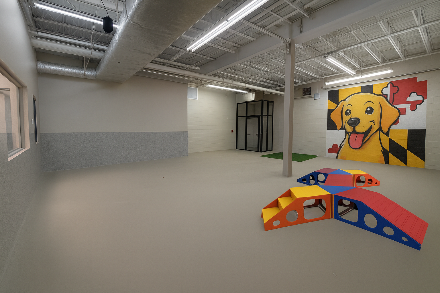 Empty indoor play area with colorful foam climbing structures, a wall painting of a cartoon dog on a Maryland flag background, a small patch of artificial grass, and high industrial ceiling with exposed pipes and lighting.