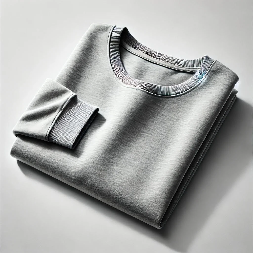 A neatly folded light gray sweatshirt on a white surface.