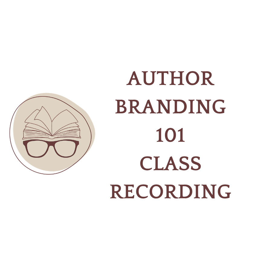 A logo for an author branding class recording, featuring an icon of an open book with glasses underneath, and the text 'Author Branding 101 Class Recording'.