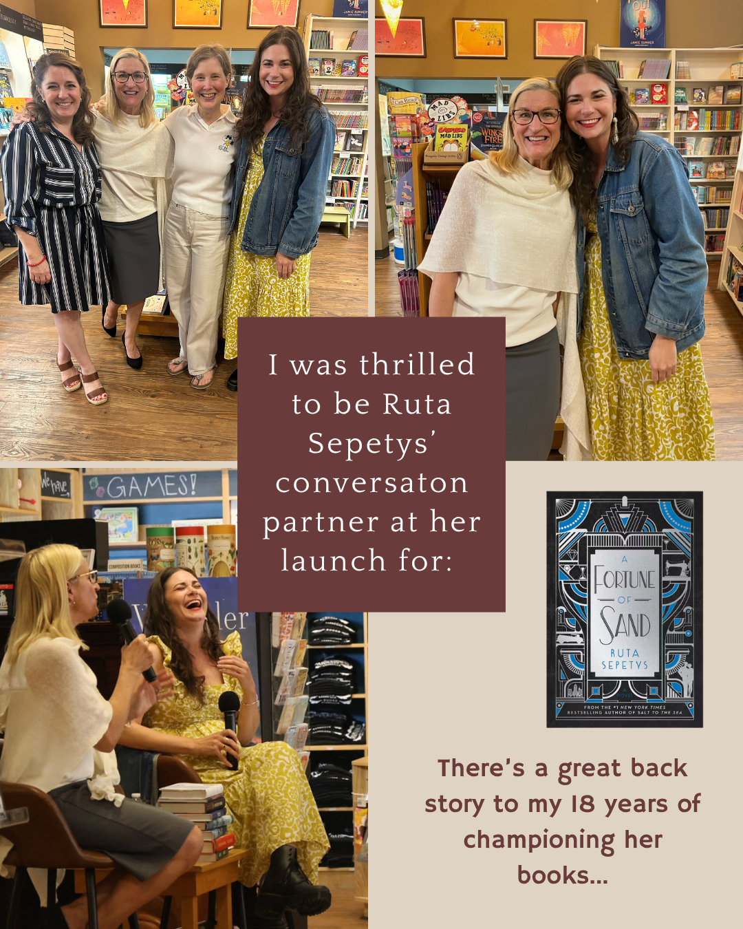 I hosted Ruta Sepetys Book Launch at Parnassus Books on May 28, 2026, for A FORTUNE OF SAND. There's a great story about my 18 years of championing her books...