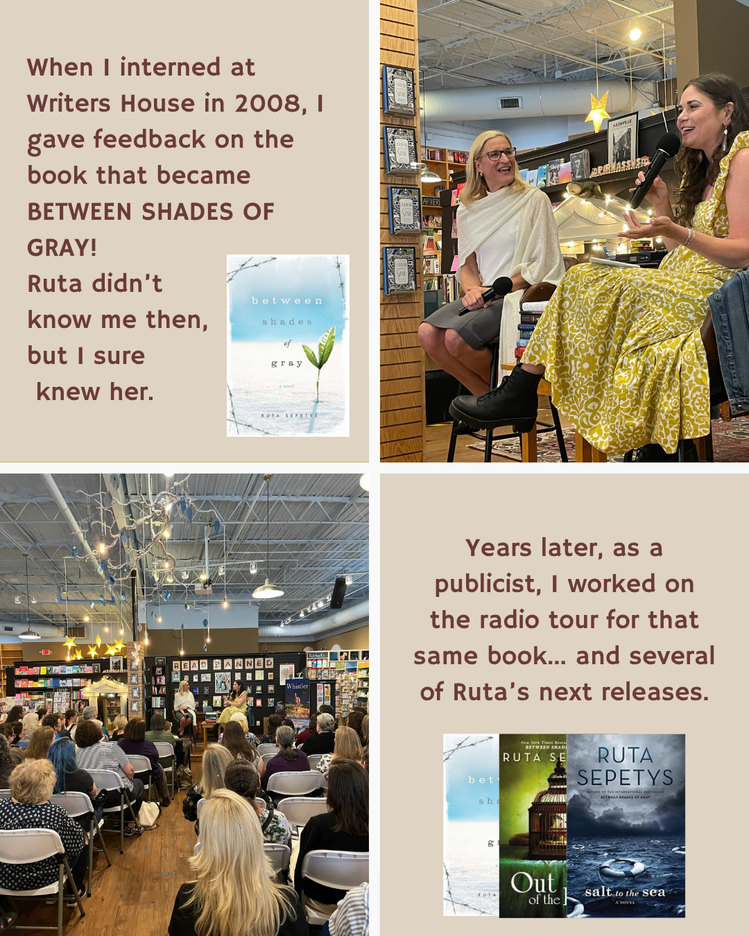 When I interned at Writers House in 2008, I gave feedback on the book that became BETWEEN SHADES OF GRAY! 
Ruta didn’t 
know me then, 
but I sure
 knew her.Years later, as a publicist, I worked on the radio tour for that same book... and several of R