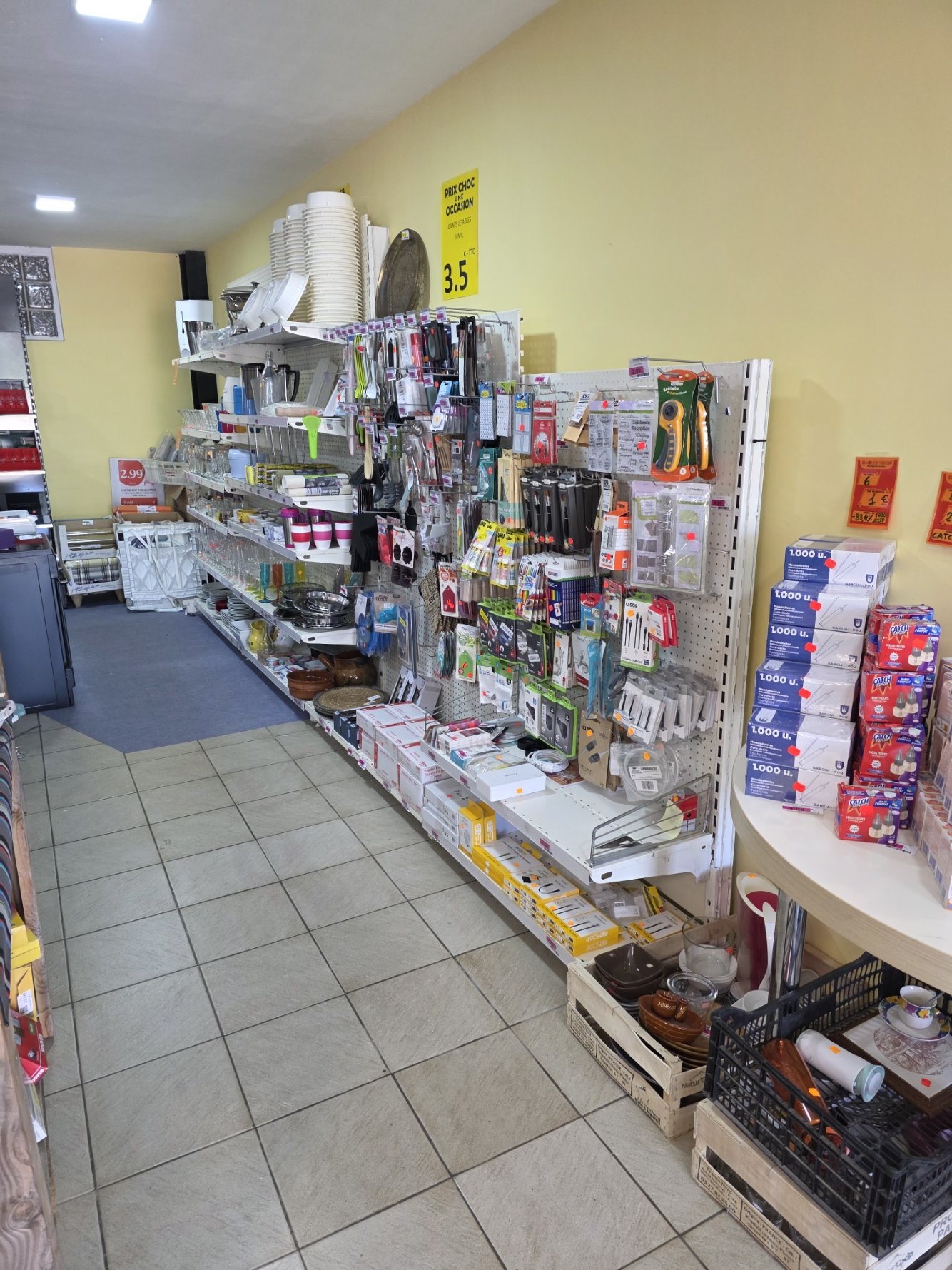 Rayons de produits variés dans une quincaillerie ou magasin de bricolage, incluant ustensiles de cuisine, outils et articles ménagers, avec affiches de prix en français.