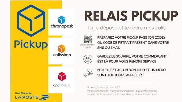 Flyer de service de relais pickup pour dépôt et retrait de colis avec codes et conseils.
