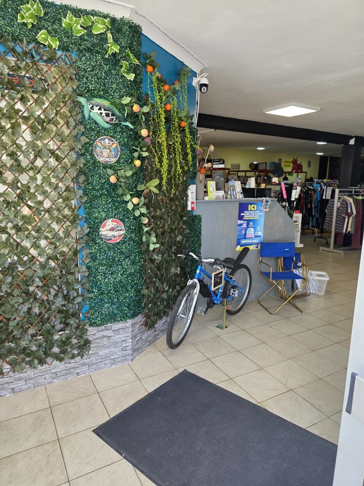 Intérieur d'un magasin avec un mur végétal décoratif, un vélo stationnaire, deux chaises pliantes bleues, un comptoir et des vêtements en vente.