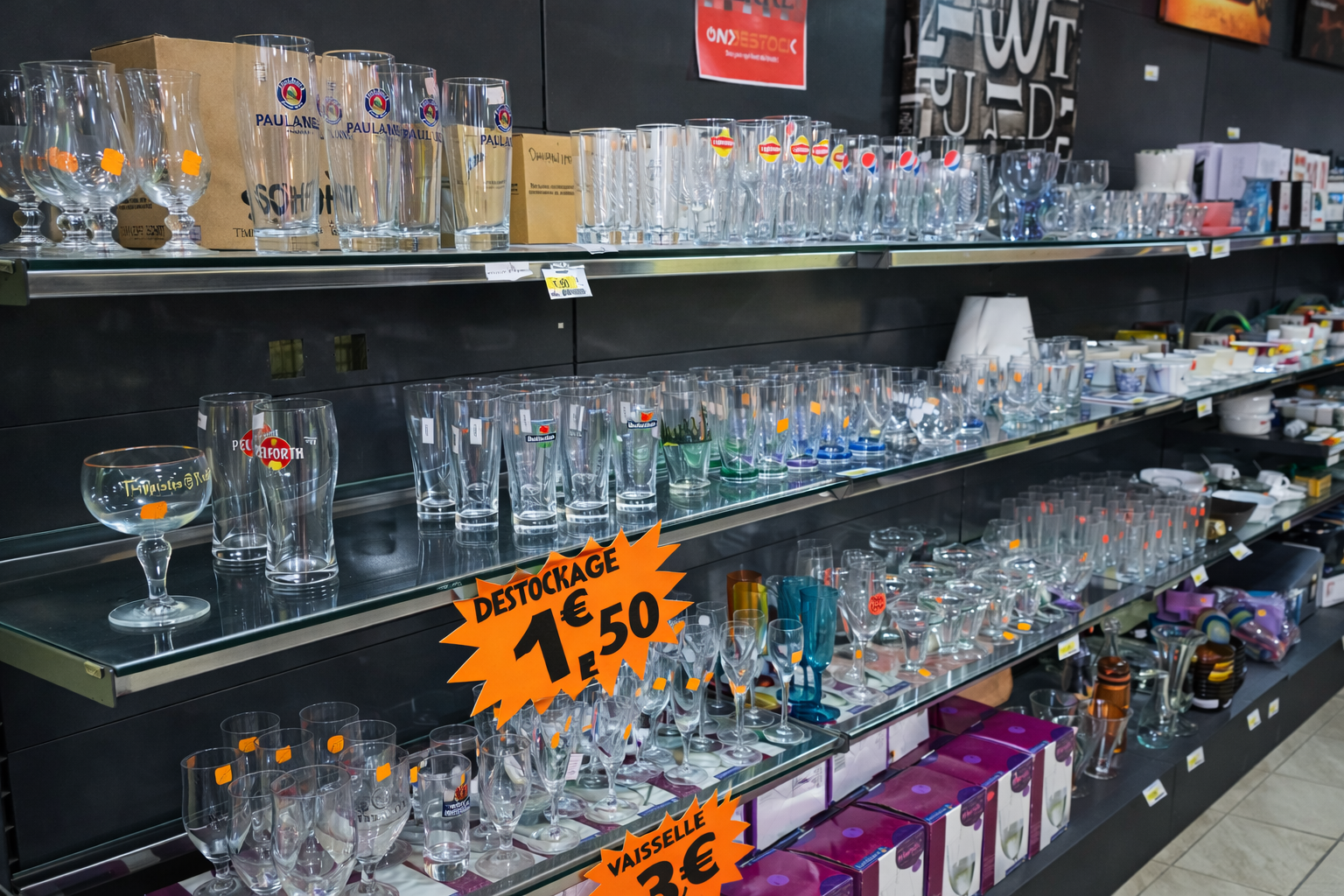 Étagères de verres en vente dans un magasin, avec une affiche indiquant un prix de 1,50 € pour certains verres et 3 € pour la vaisselle.