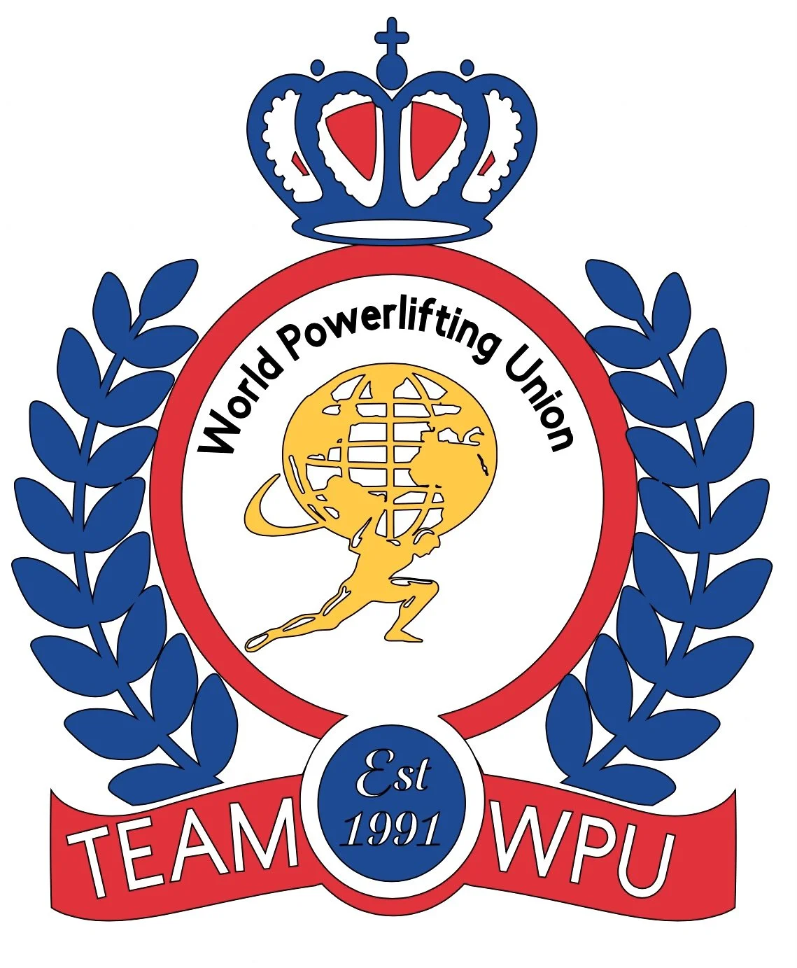 Logo of World Powerlifting Union featuring a crowned emblem, a blue and red color scheme, a gold globe with a muscular person lifting a weight, and a red banner reading "TEAM WPU" with an establishment date of 1991.